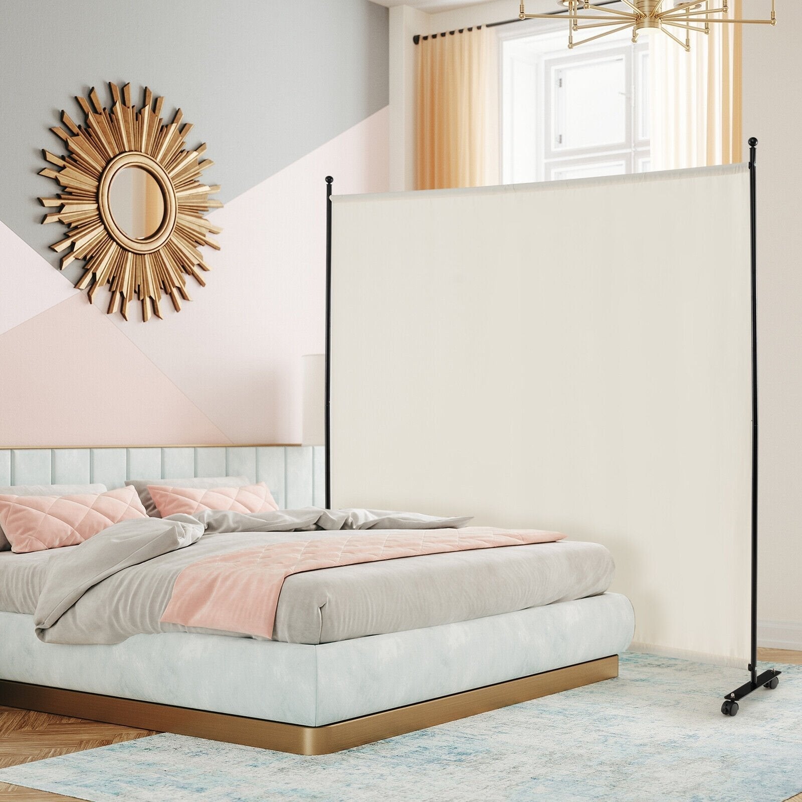 6 Feet Single Panel Rolling Room Divider with Smooth Wheels-Black