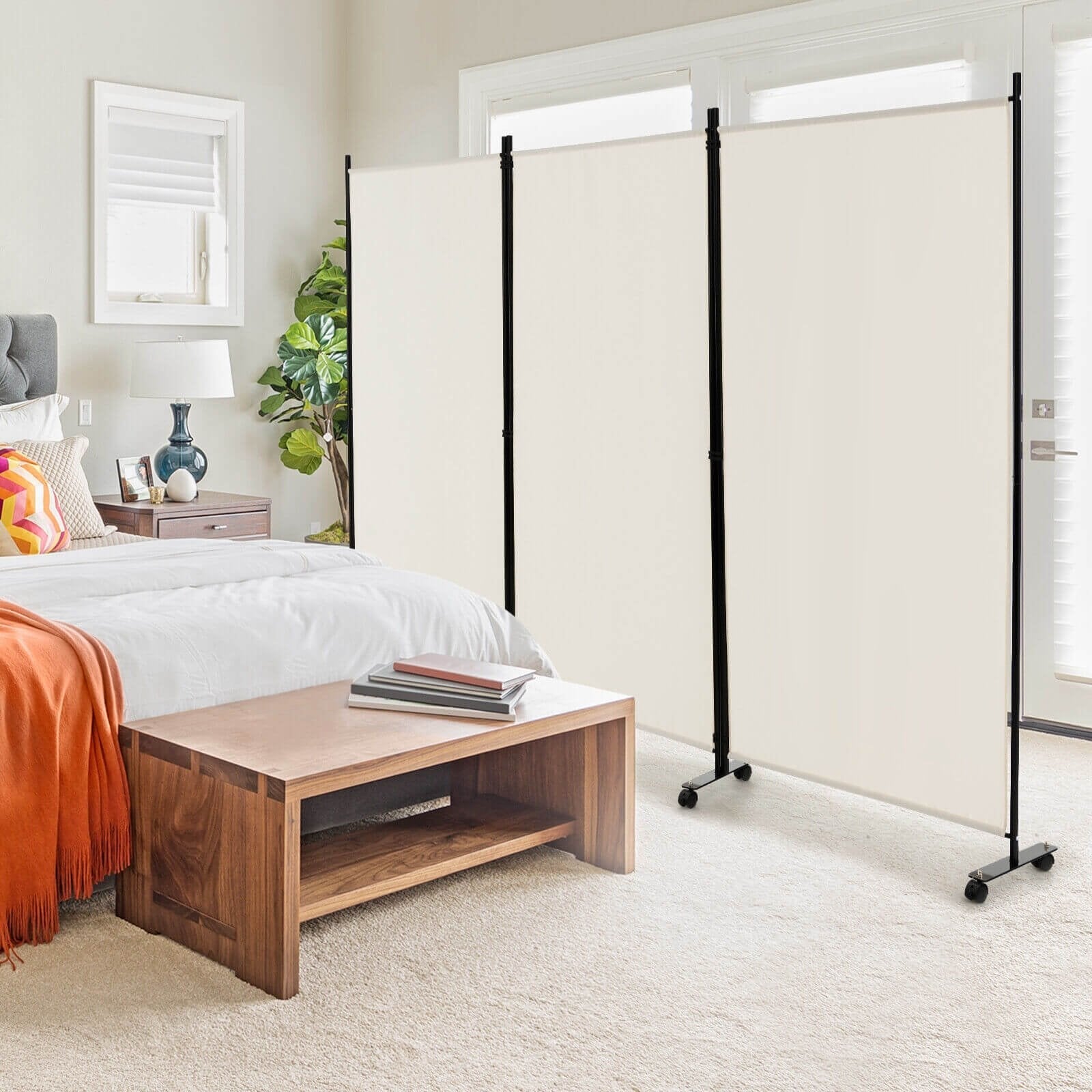 3 Panel Folding Room Divider with Lockable Wheels-Black