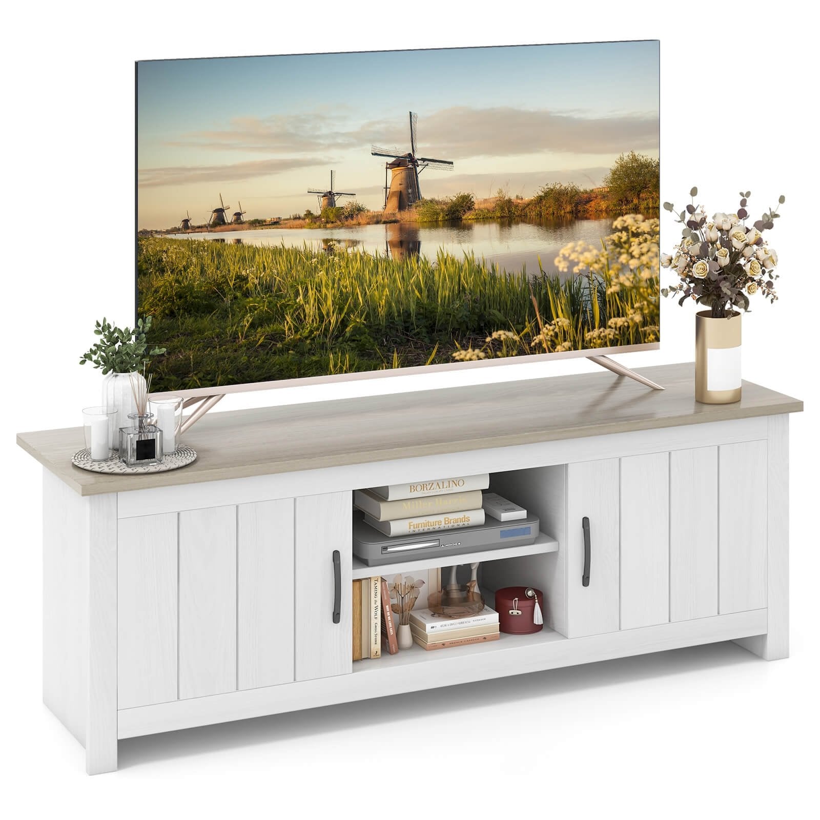 TV Stand with 2 Cabinets and Open Shelves for TVs up to 65 Inches-Black