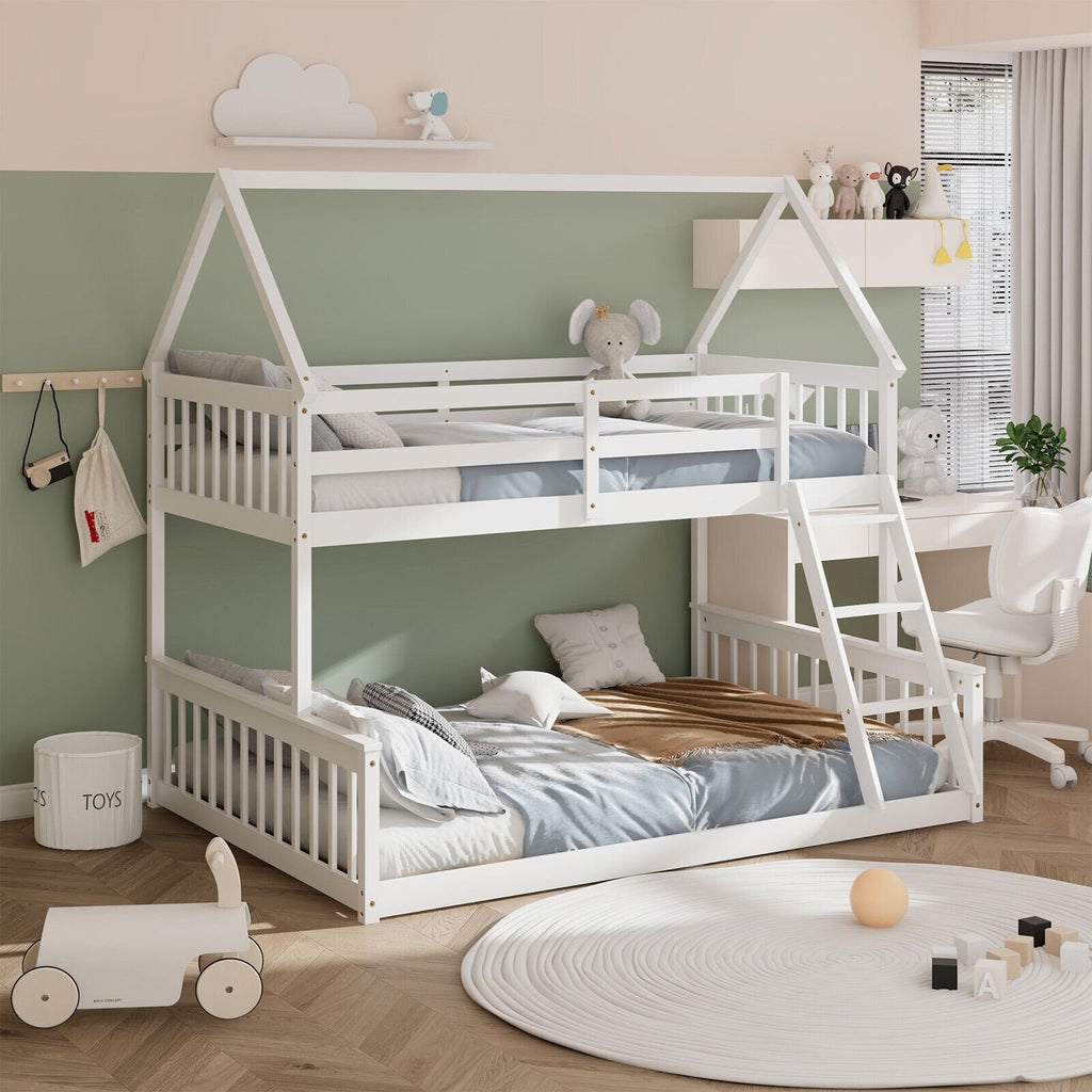 Twin Over Full House Bunk Bed with Ladder and Guardrails-Gray