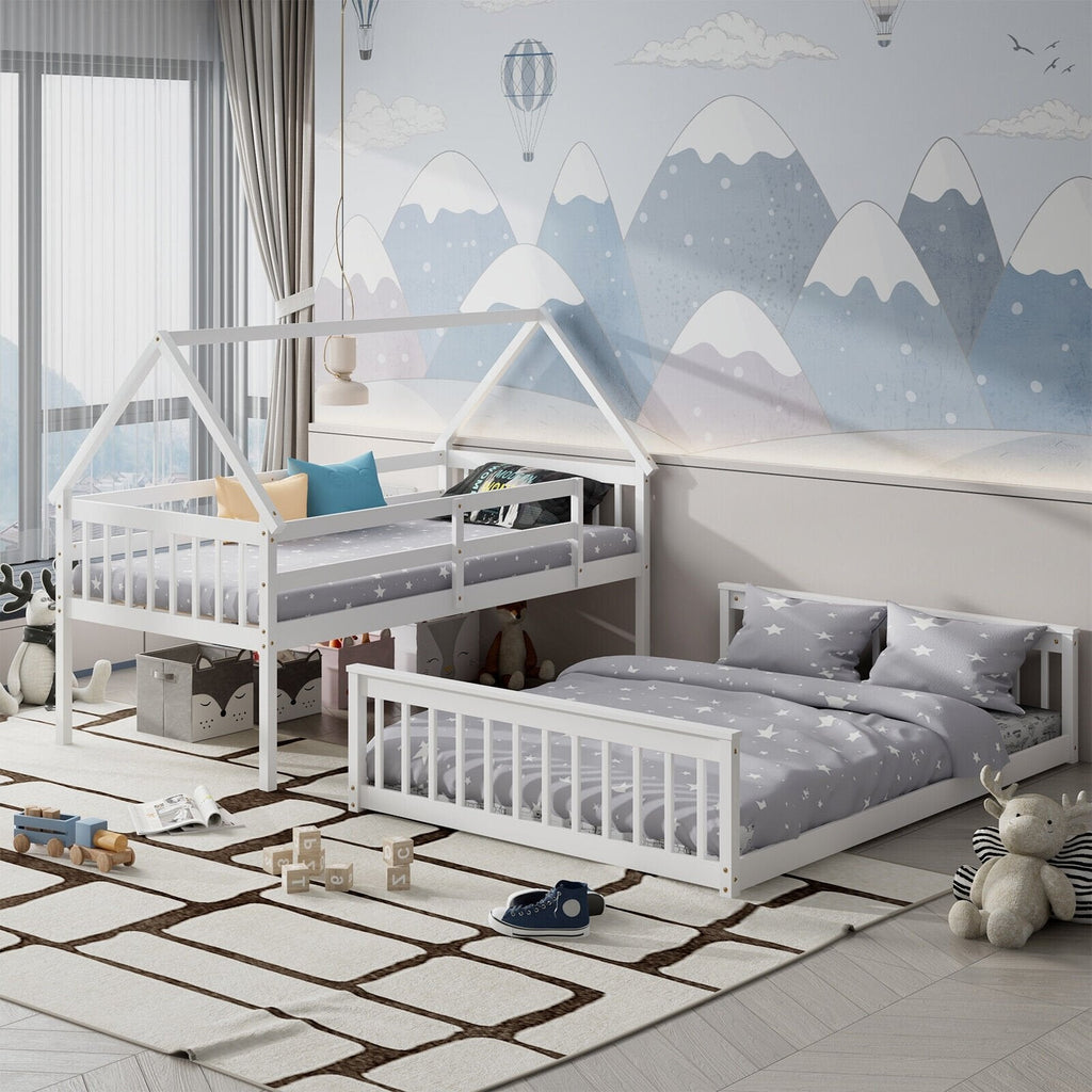 Twin Over Full House Bunk Bed with Ladder and Guardrails-Gray