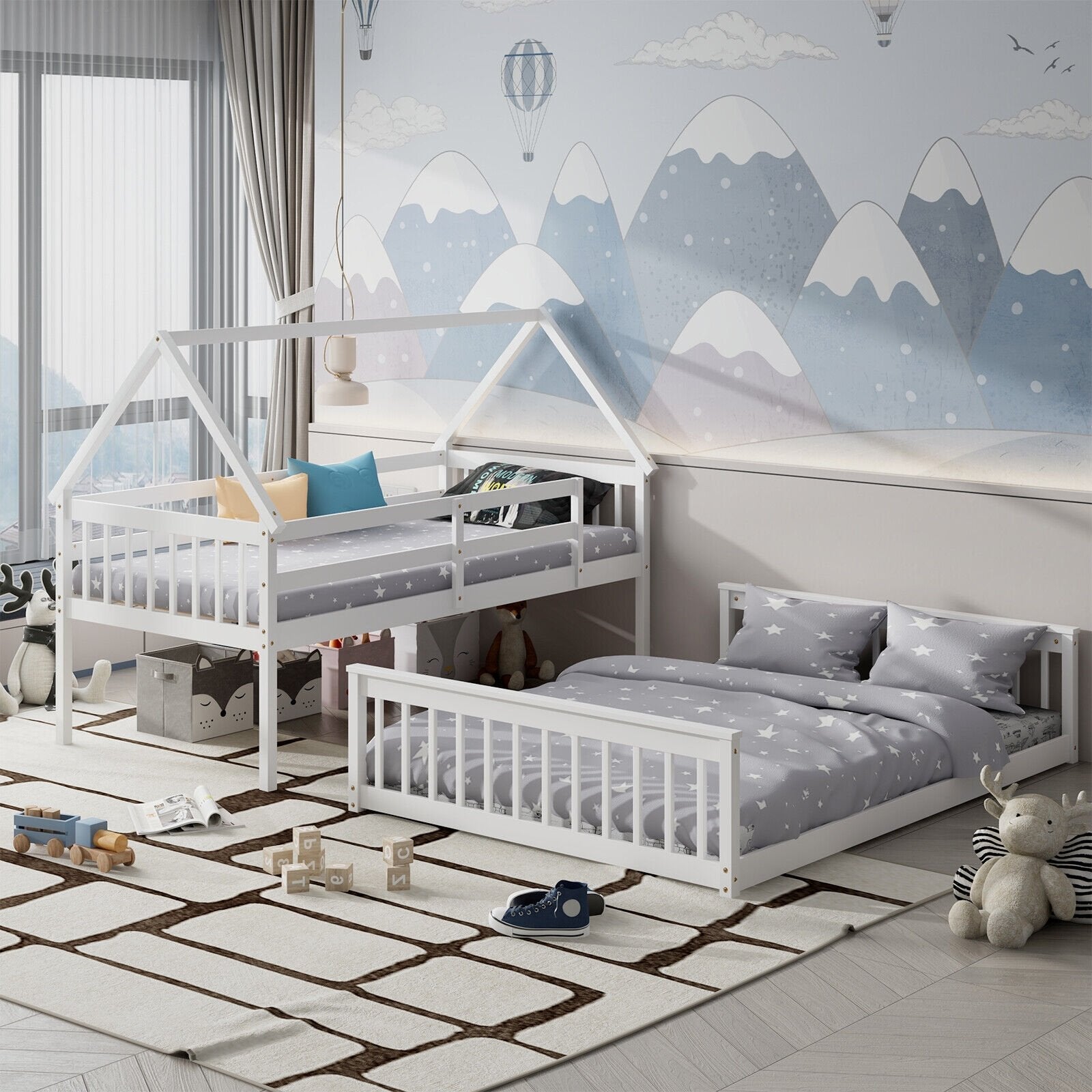 Twin Over Full House Bunk Bed with Ladder and Guardrails-Gray