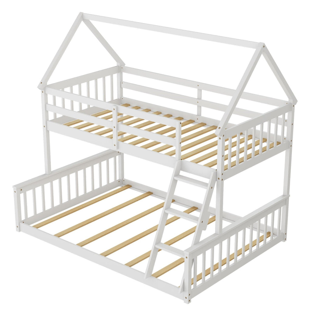 Twin Over Full House Bunk Bed with Ladder and Guardrails-Gray