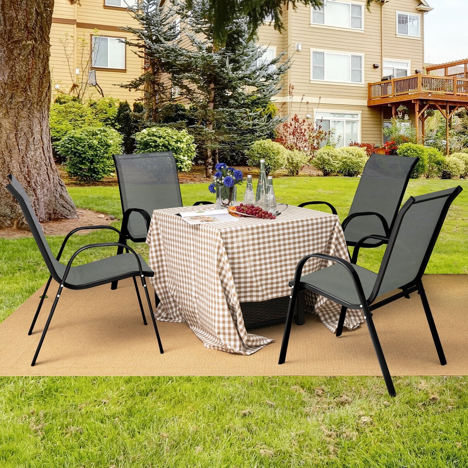 4  Pieces Stackable Patio Dining Chairs Set with Armrest-Black