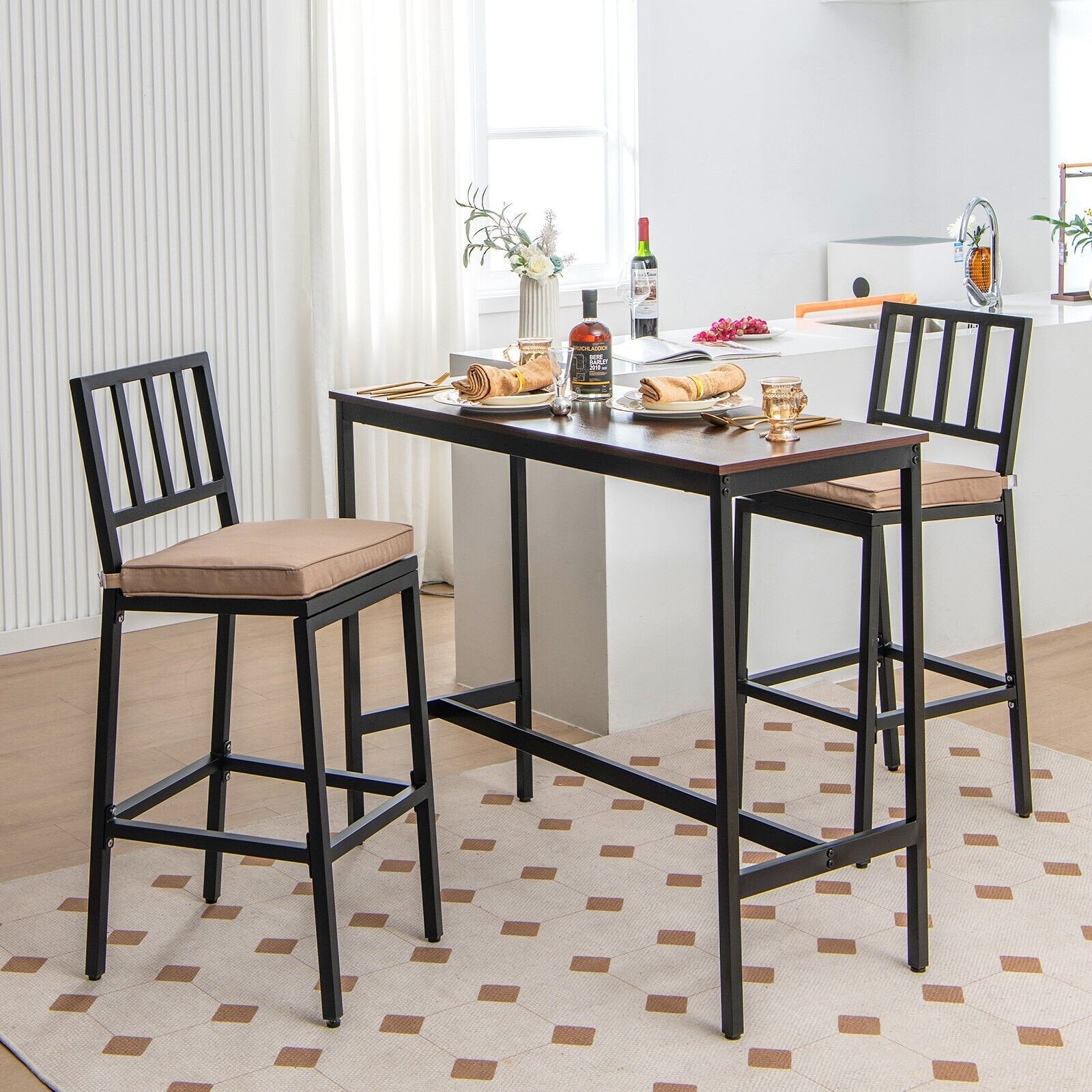 Set of 2 Patio Bar Chairs Counter Height with Detachable Cushion and Footrest-Argyle Pattern