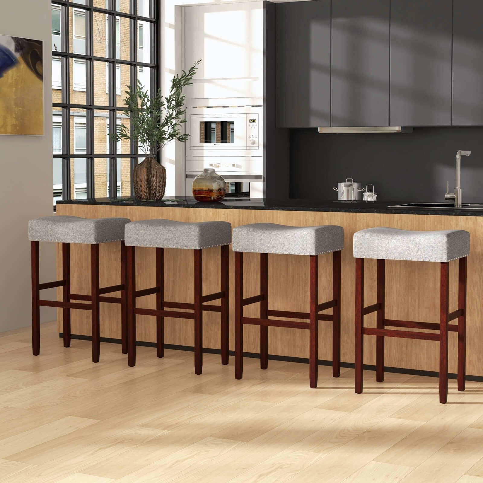 2 Set of 29 Inch Height Upholstered Bar Stool with Solid Rubber Wood Legs and Footrest-Beige