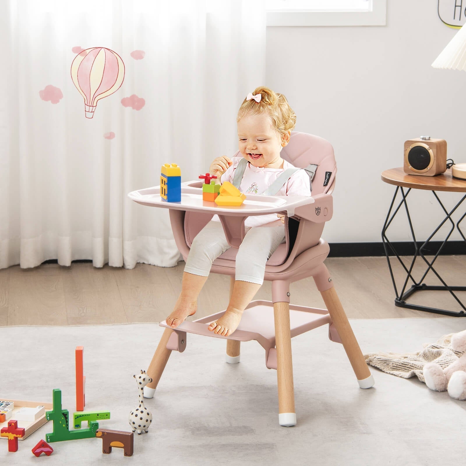 6 in 1 Convertible Highchair with Safety Harness and Removable Tray-Beige