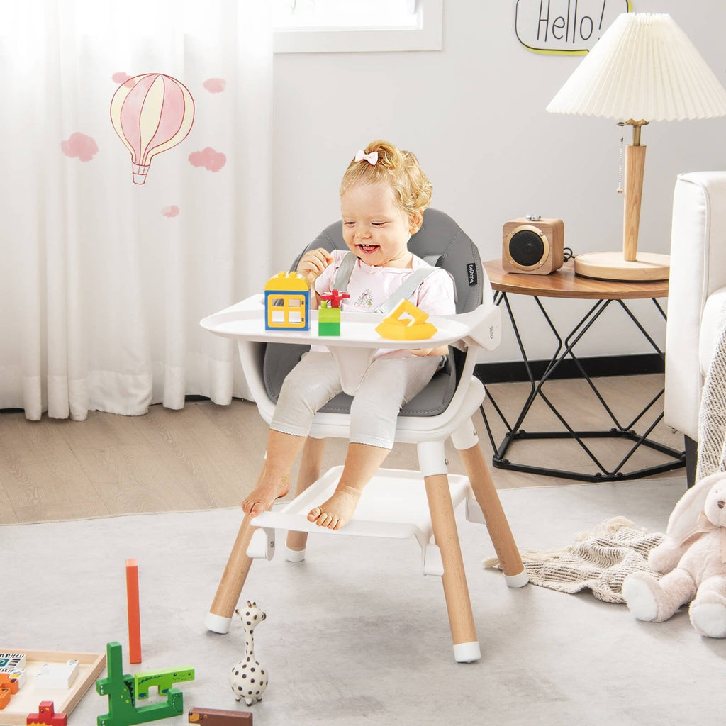 6 in 1 Convertible Highchair with Safety Harness and Removable Tray-Beige