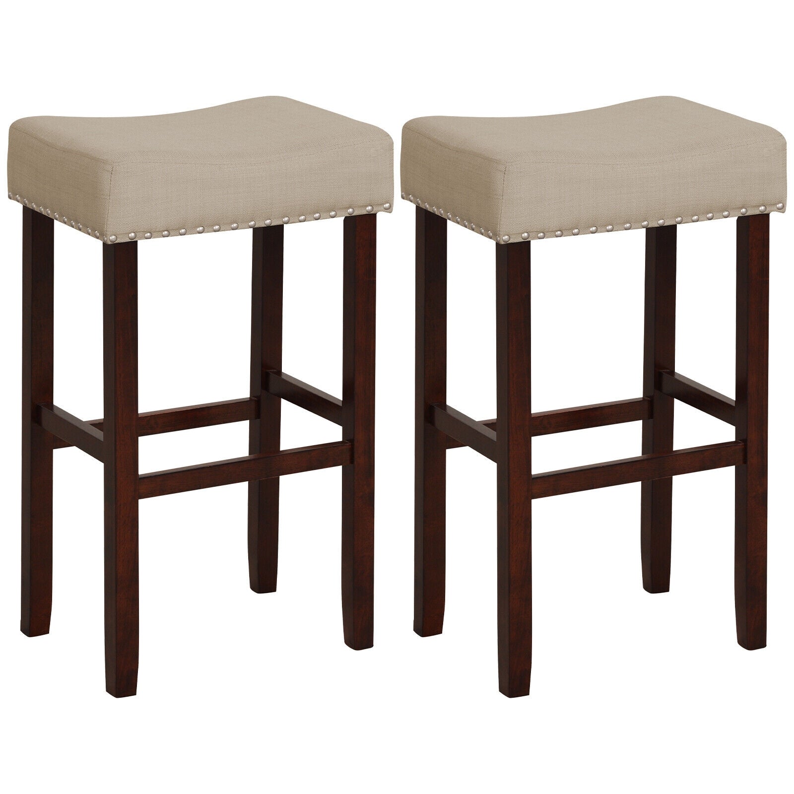 2 Set of 29 Inch Height Upholstered Bar Stool with Solid Rubber Wood Legs and Footrest-Beige