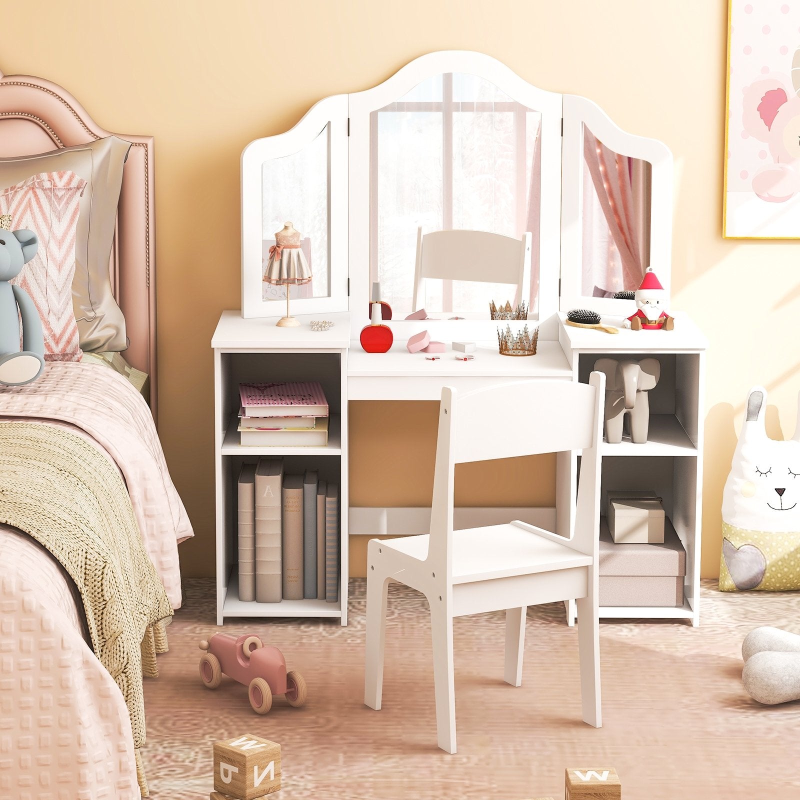 Kids Vanity Table and Chair Set with Removable Tri-Folding Mirror-Pink