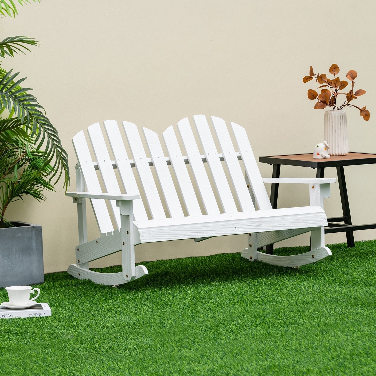 2 Person Adirondack Rocking Chair with Slatted seat-Brown
