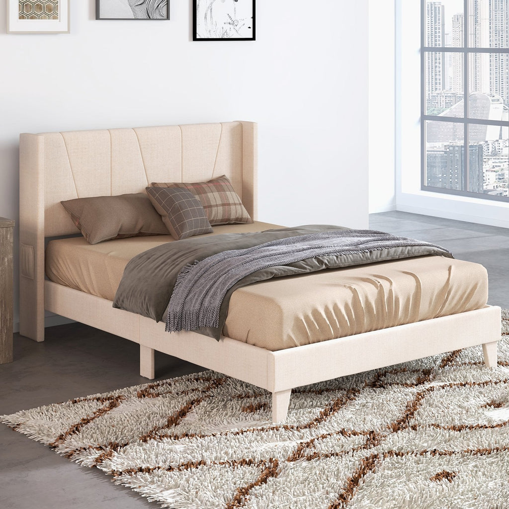 Full/Queen Size Upholstered Bed Frame with Geometric Wingback Headboard-Queen Size