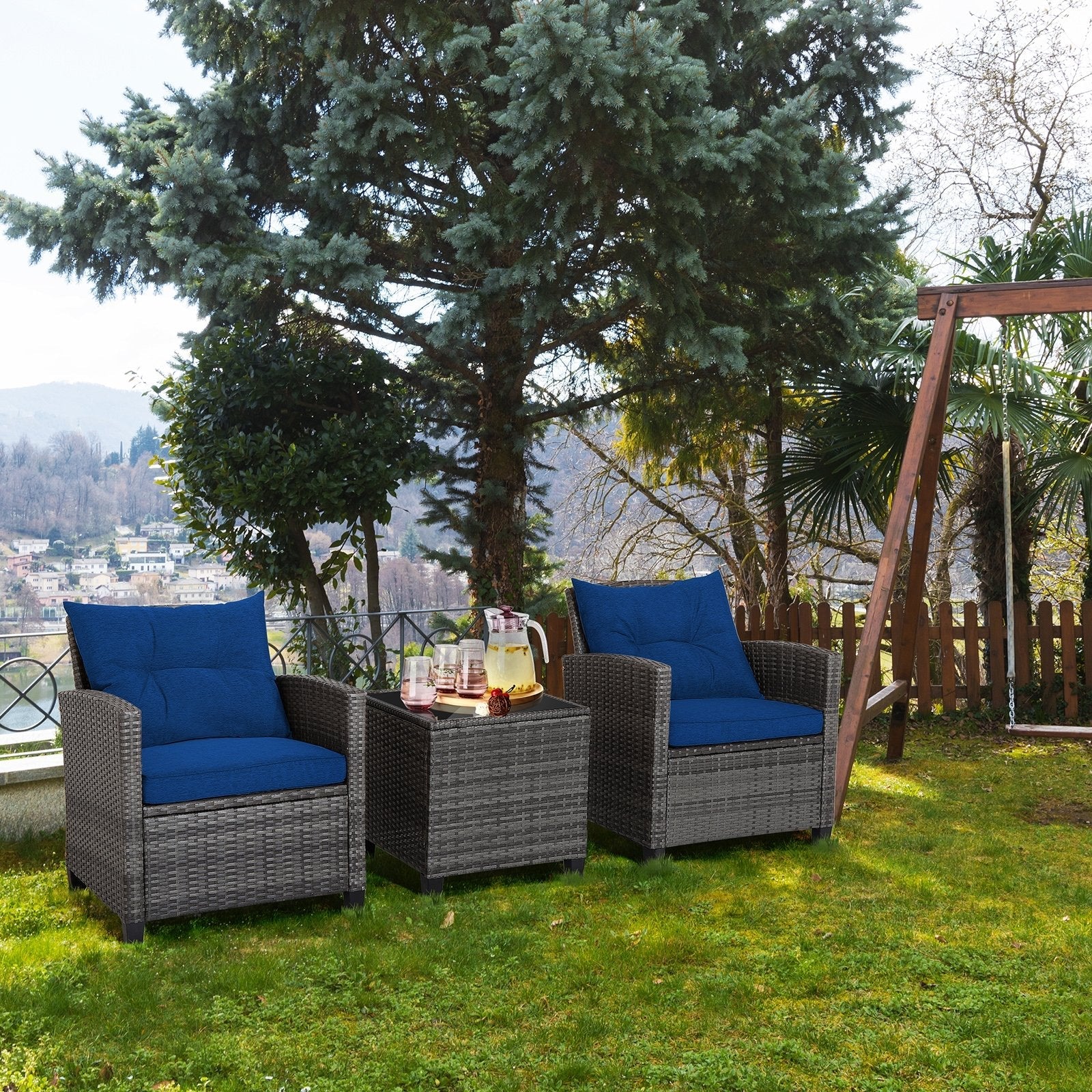 3 Pieces Outdoor Wicker Conversation Set with Tempered Glass Tabletop-Black