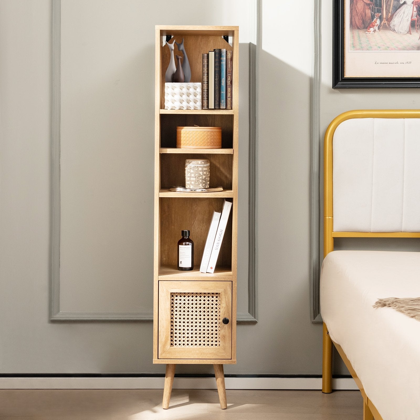 4 Tiers Rattan Storage Cabinet with Slim Design-Black