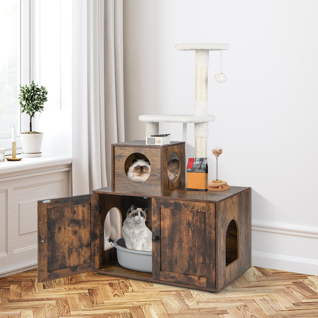 Cat Tree with Litter Box Enclosure with Cat Condo-Gray