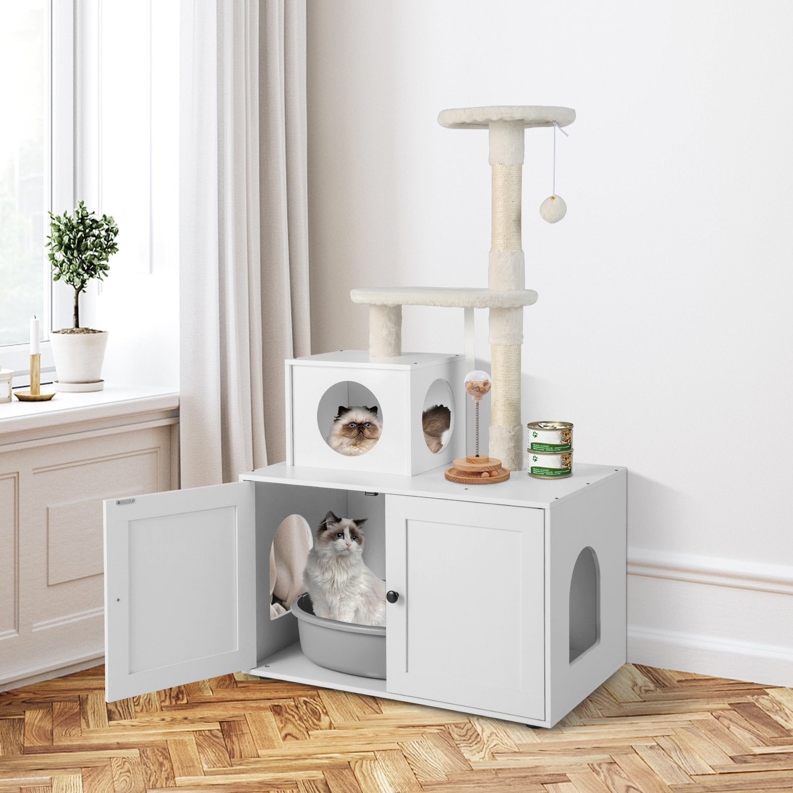 Cat Tree with Litter Box Enclosure with Cat Condo-Gray