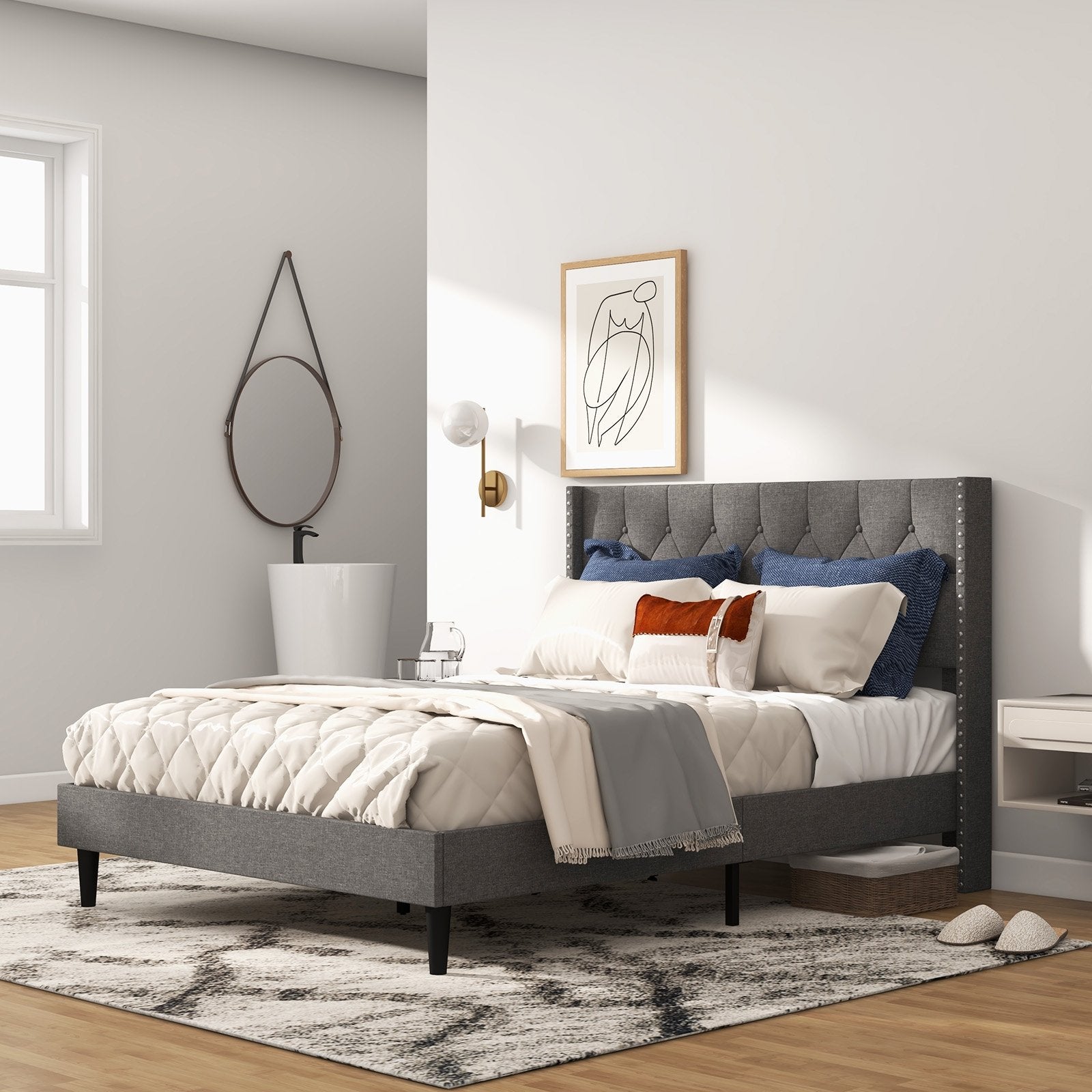 Full/Queen Size Upholstered Platform Bed with Button Tufted Headboard-Queen Size