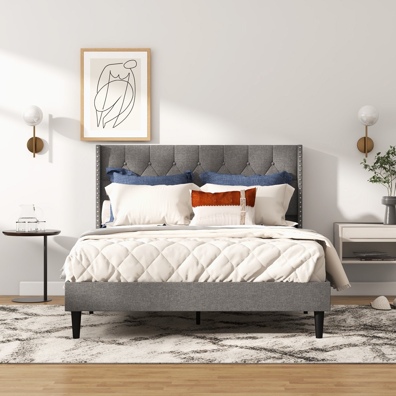 Full/Queen Size Upholstered Platform Bed with Button Tufted Headboard-Queen Size