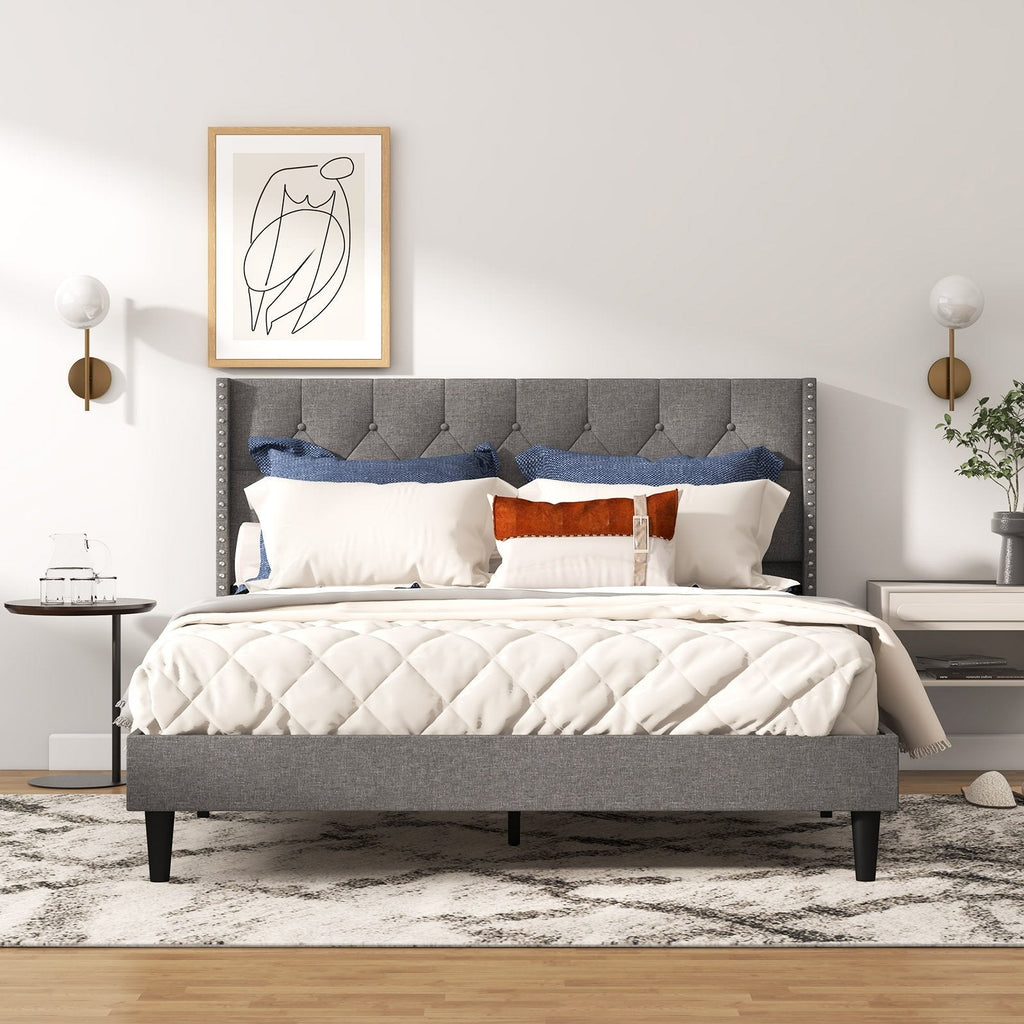Full/Queen Size Upholstered Platform Bed with Button Tufted Headboard-Queen Size