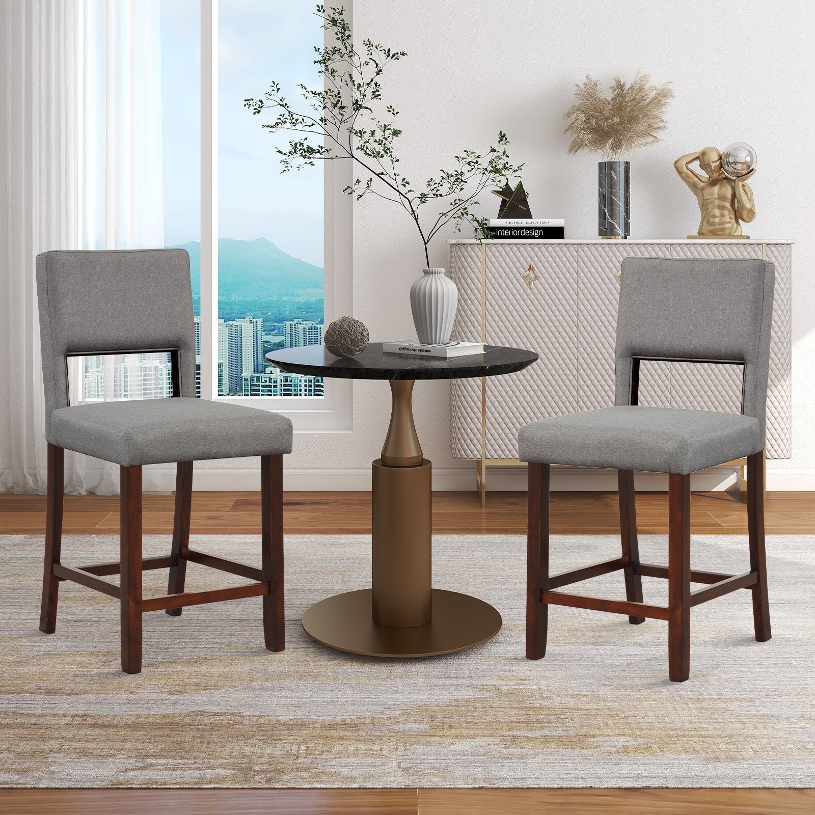 2 Piece Bar Chair Set with Hollowed Back and Rubber Wood Legs-Beige