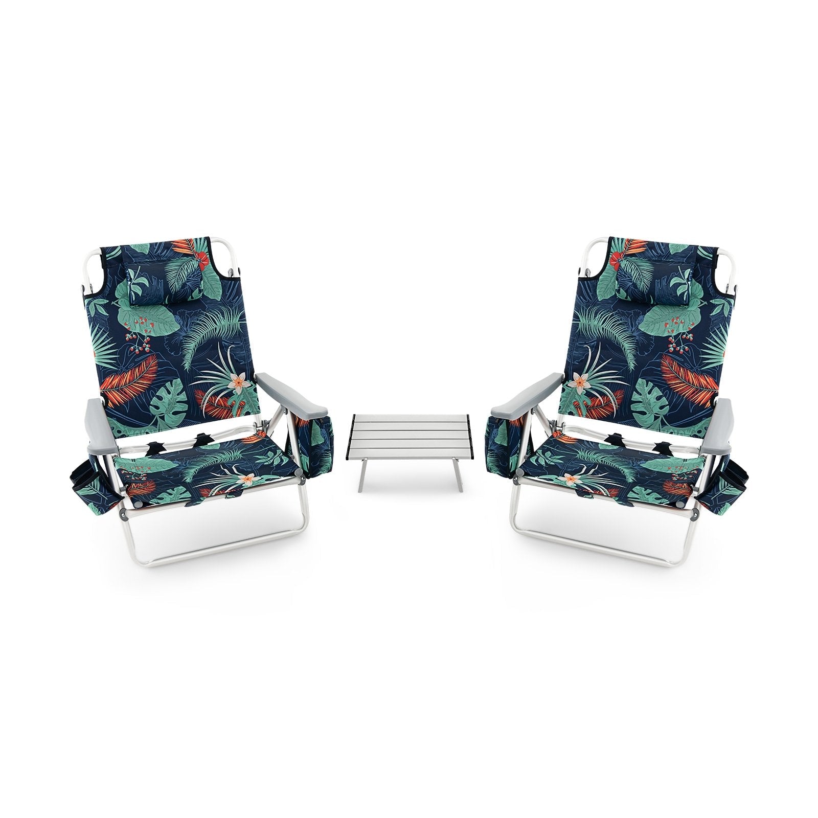 2 Packs 5-Position Outdoor Folding Backpack Beach Table Chair Reclining Chair Set-Blue