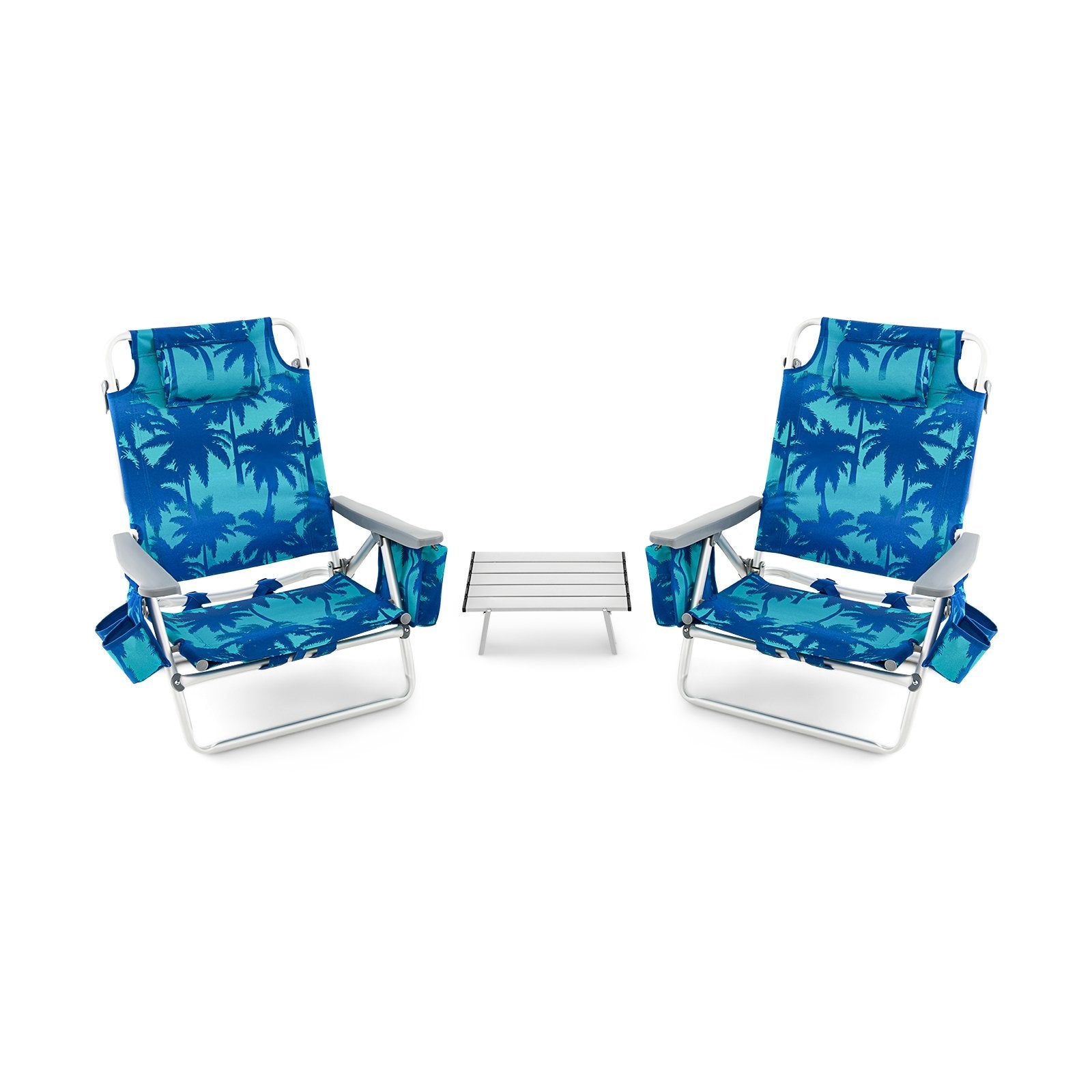 2 Packs 5-Position Outdoor Folding Backpack Beach Table Chair Reclining Chair Set-Blue