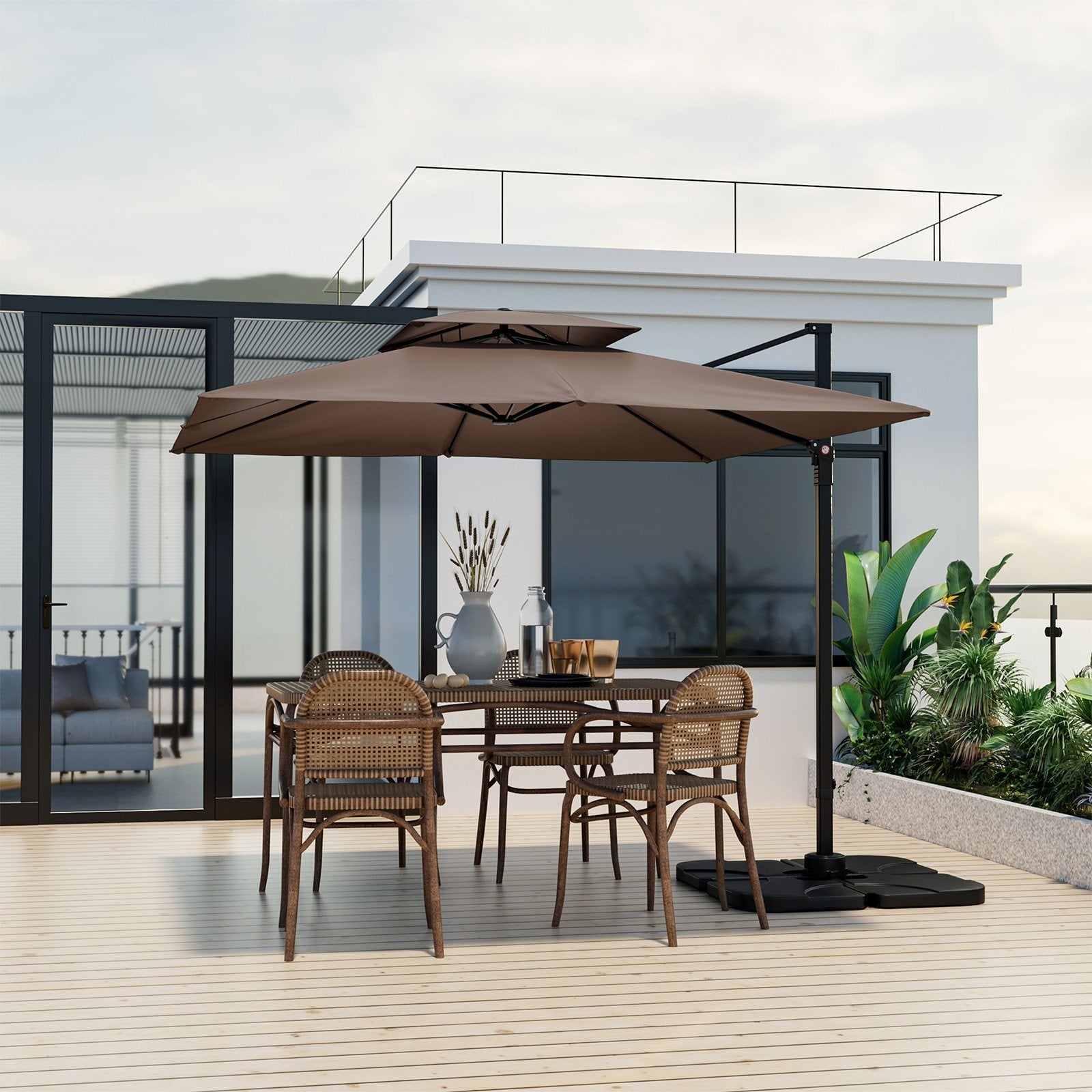 9.5 Feet Cantilever Patio Umbrella with 360° Rotation and Double Top-Beige