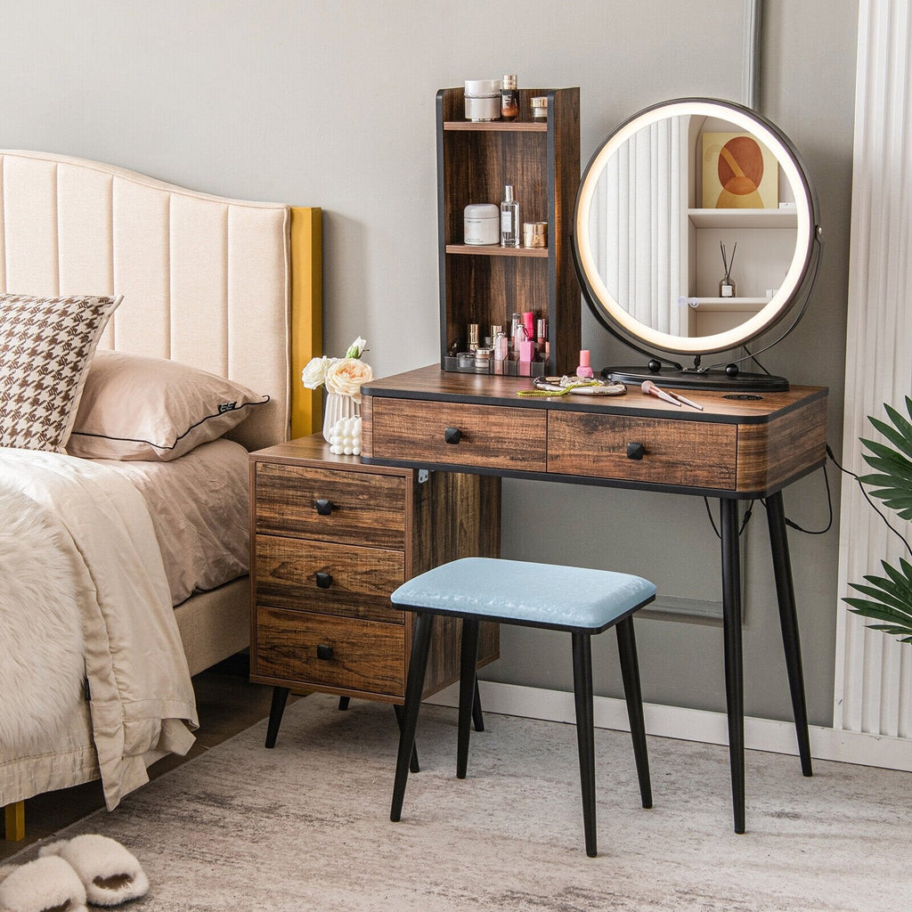 Vanity Table Set with 3-Color Lighted Mirror and Cushioned Stool-Rustic Brown