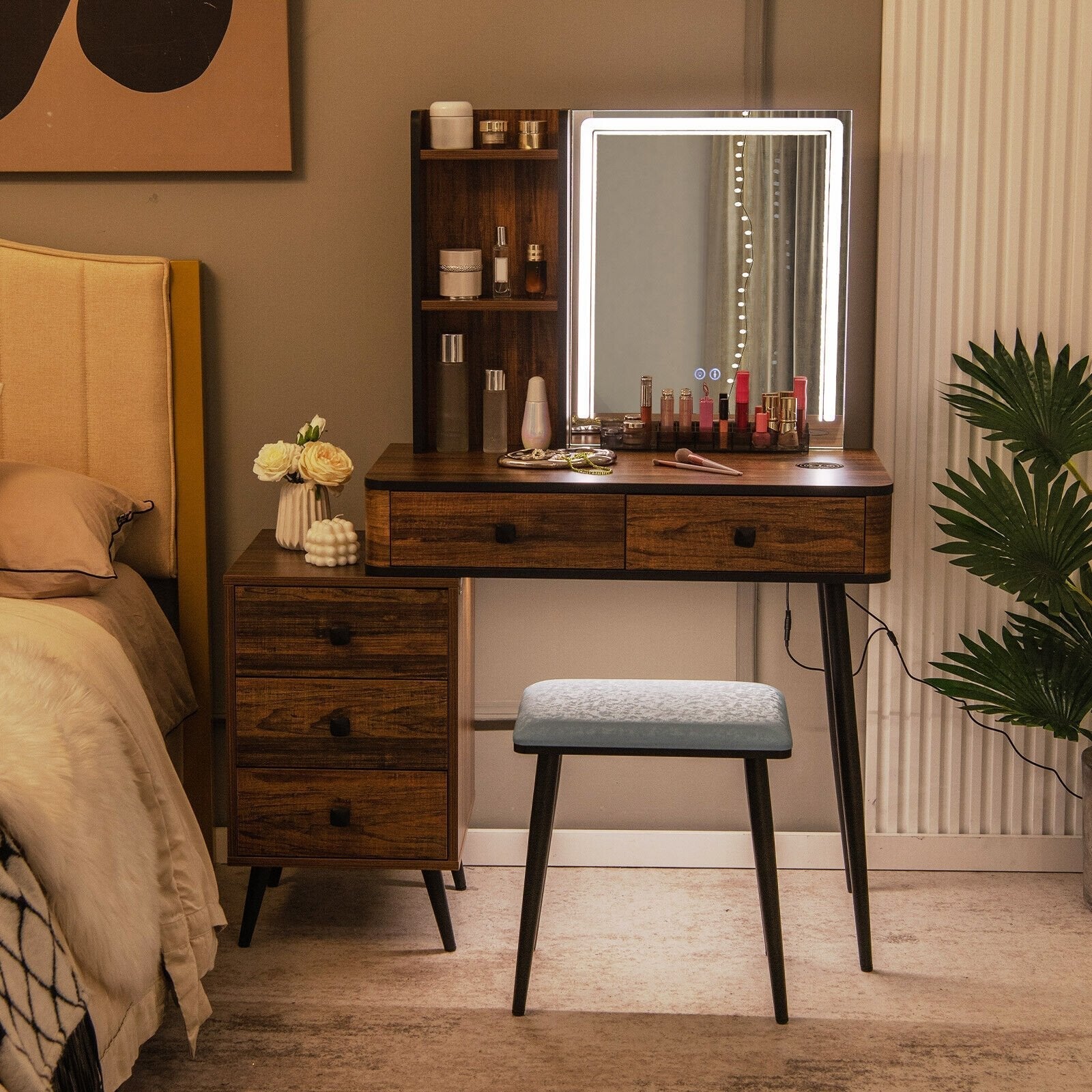 Vanity Makeup Table Set with Lighted Mirror-Brown