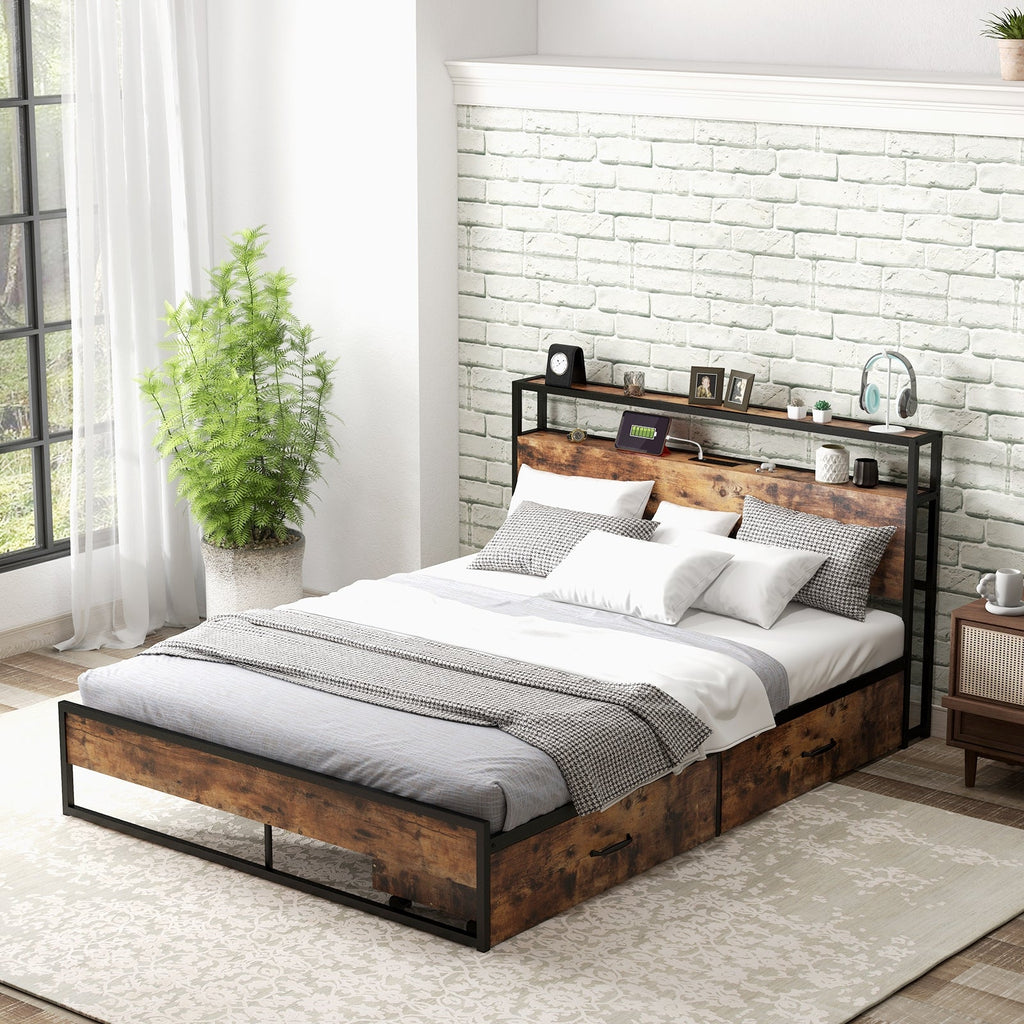 Full/Queen Bed Frame with 2-Tier Storage Headboard and Charging Station-Full Size