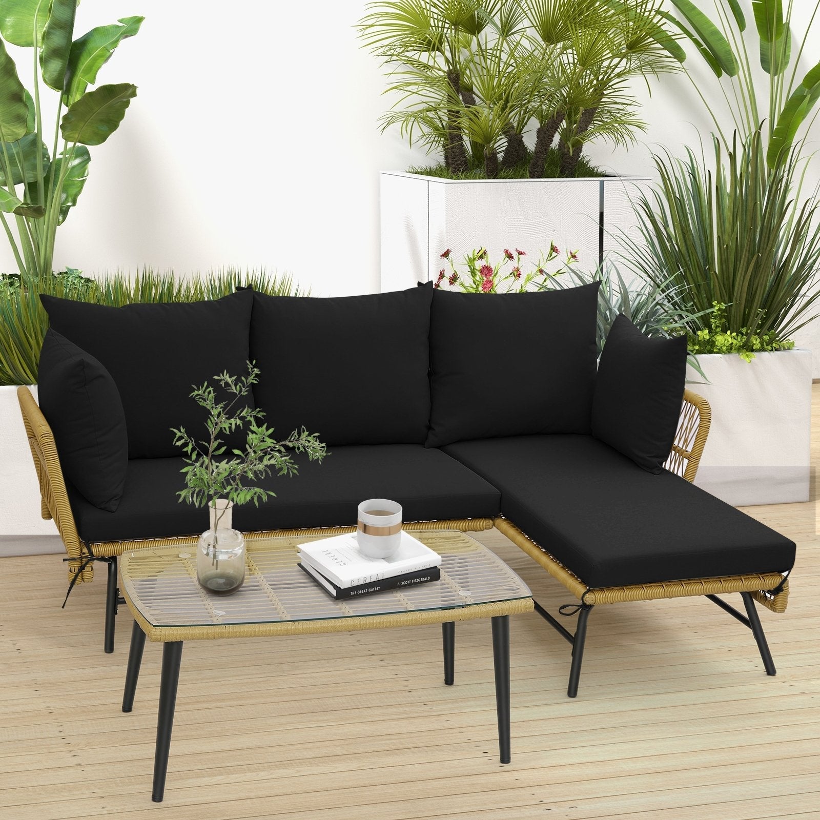 3 Pieces L-Shaped Patio Sofa with Cushions and Tempered Glass Table-Beige