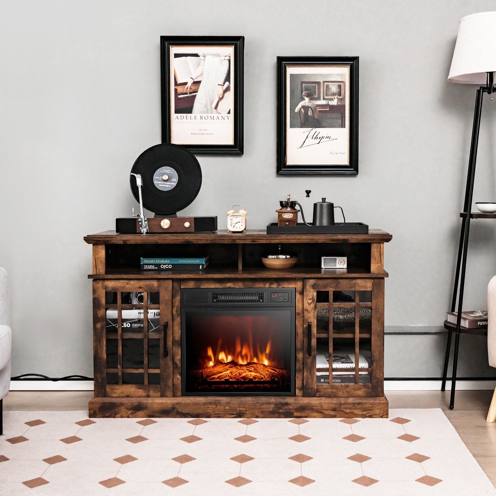48 Inch Electric Fireplace TV Stand with Cabinets for TVs Up to 55 Inch-Black