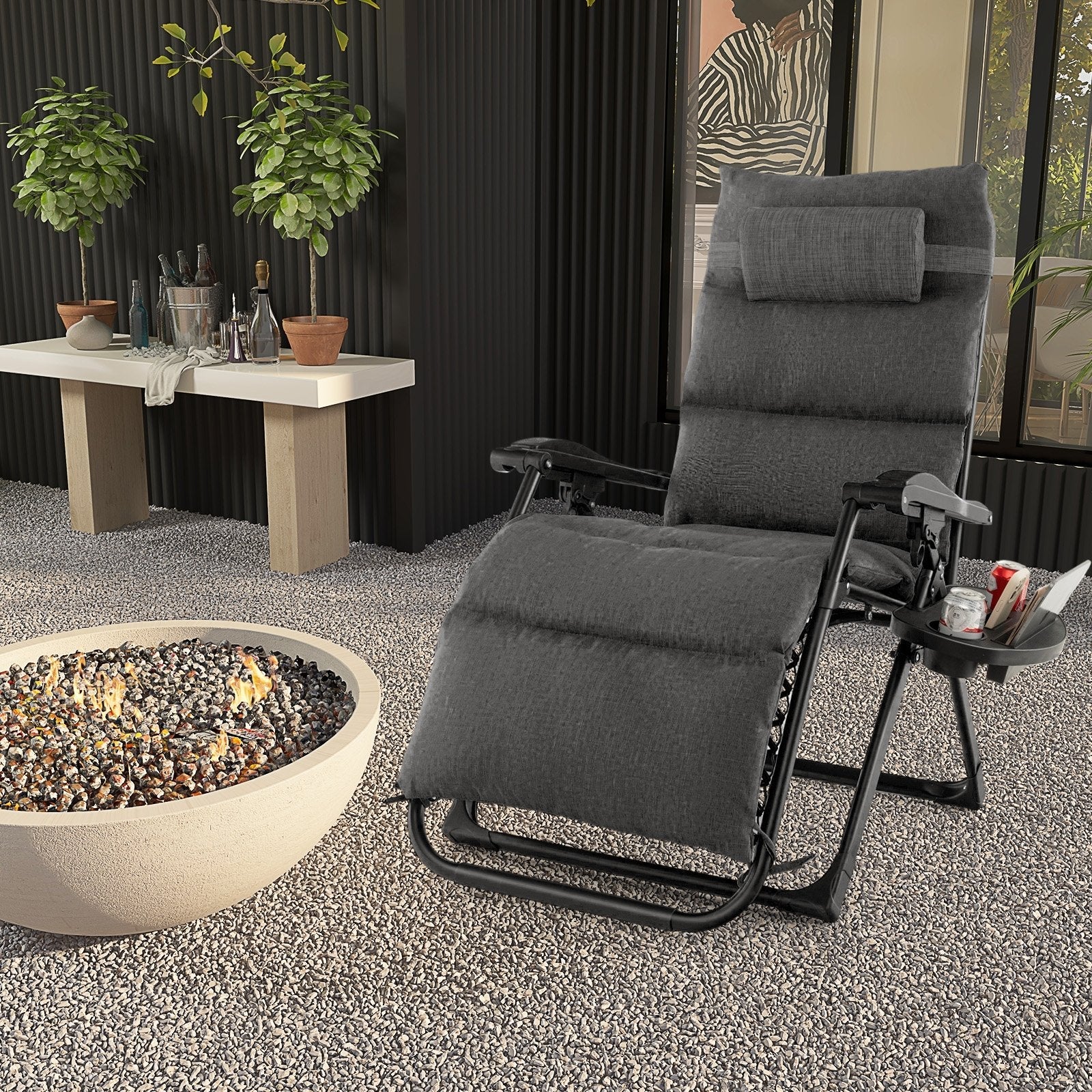 Adjustable Metal Zero Gravity Lounge Chair with Removable Cushion and Cup Holder Tray-Beige