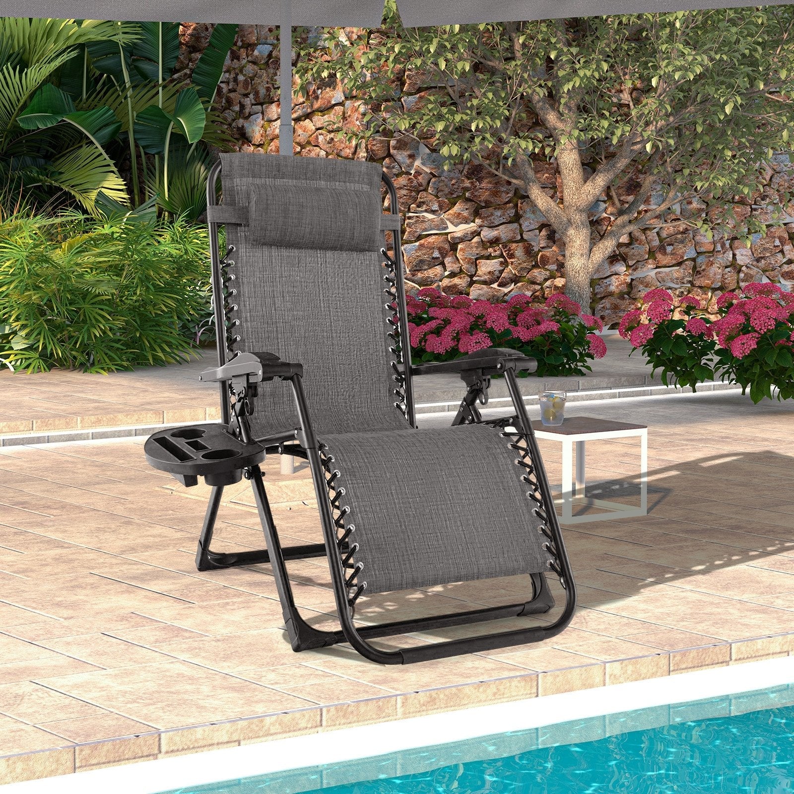 Adjustable Metal Zero Gravity Lounge Chair with Removable Cushion and Cup Holder Tray-Beige