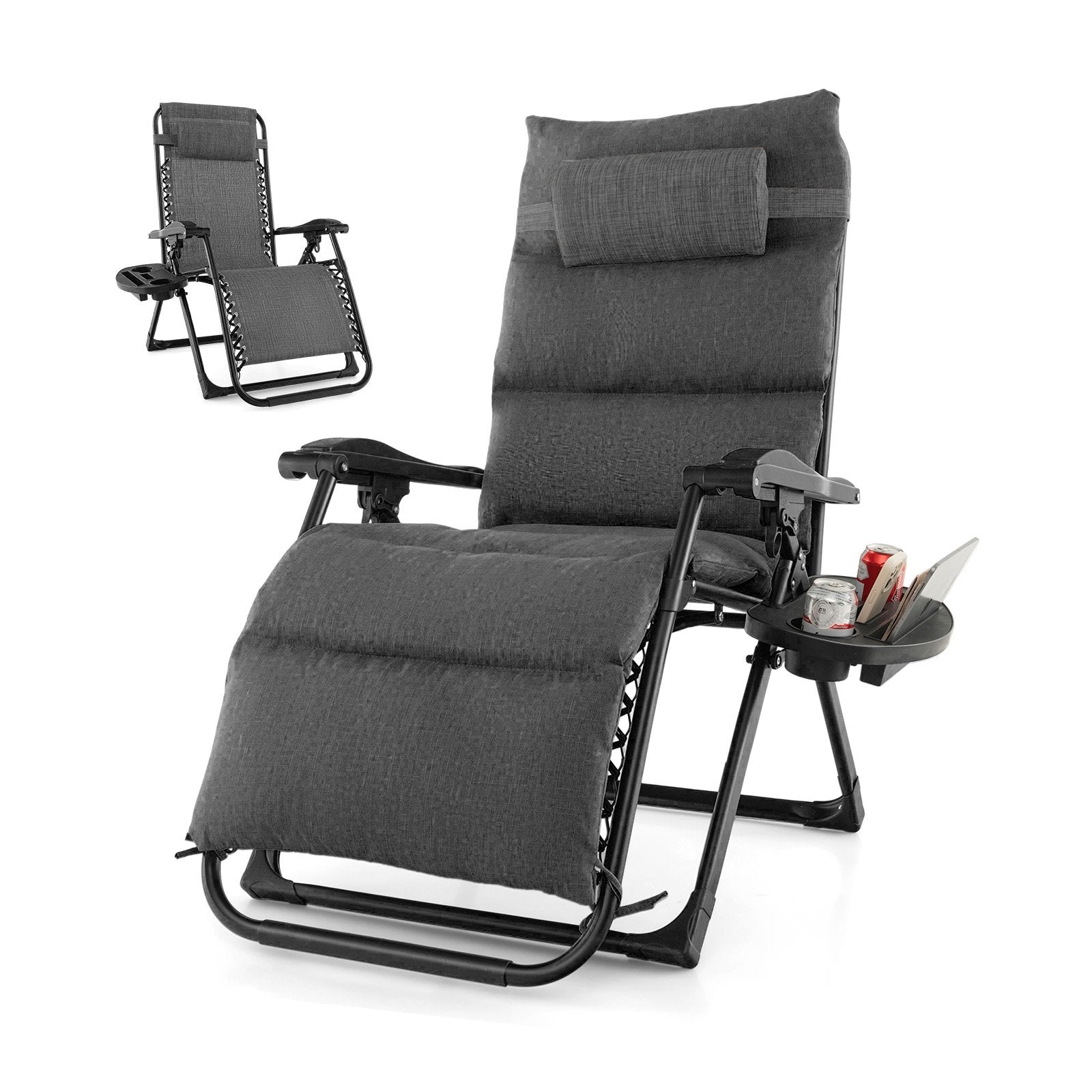 Adjustable Metal Zero Gravity Lounge Chair with Removable Cushion and Cup Holder Tray-Beige