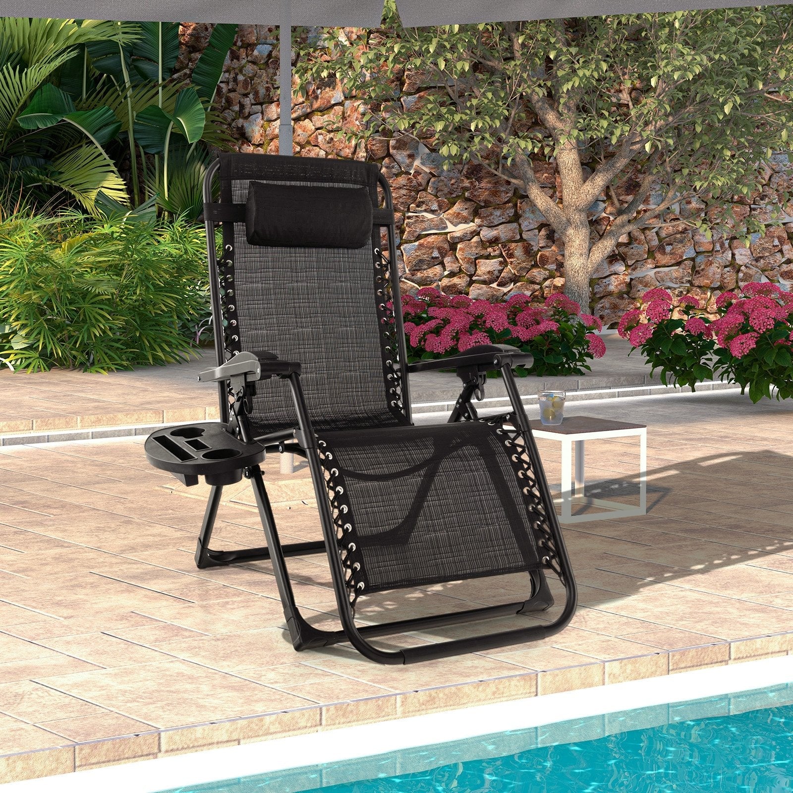 Adjustable Metal Zero Gravity Lounge Chair with Removable Cushion and Cup Holder Tray-Beige