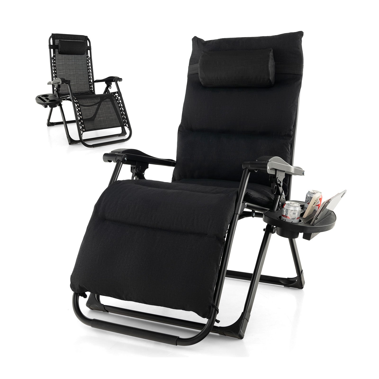 Adjustable Metal Zero Gravity Lounge Chair with Removable Cushion and Cup Holder Tray-Beige
