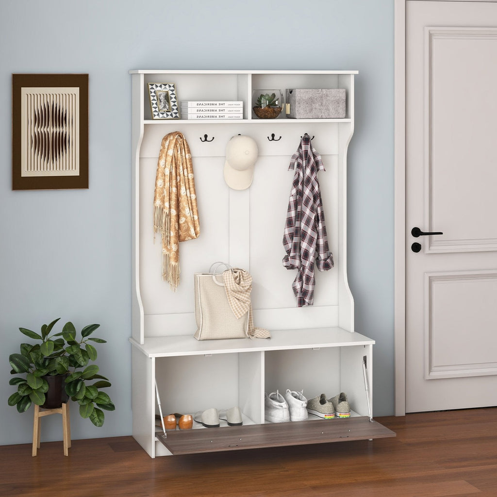 3 in 1 Coat Rack with Entryway Bench and Hooks and Enclosed Cabinet-Black