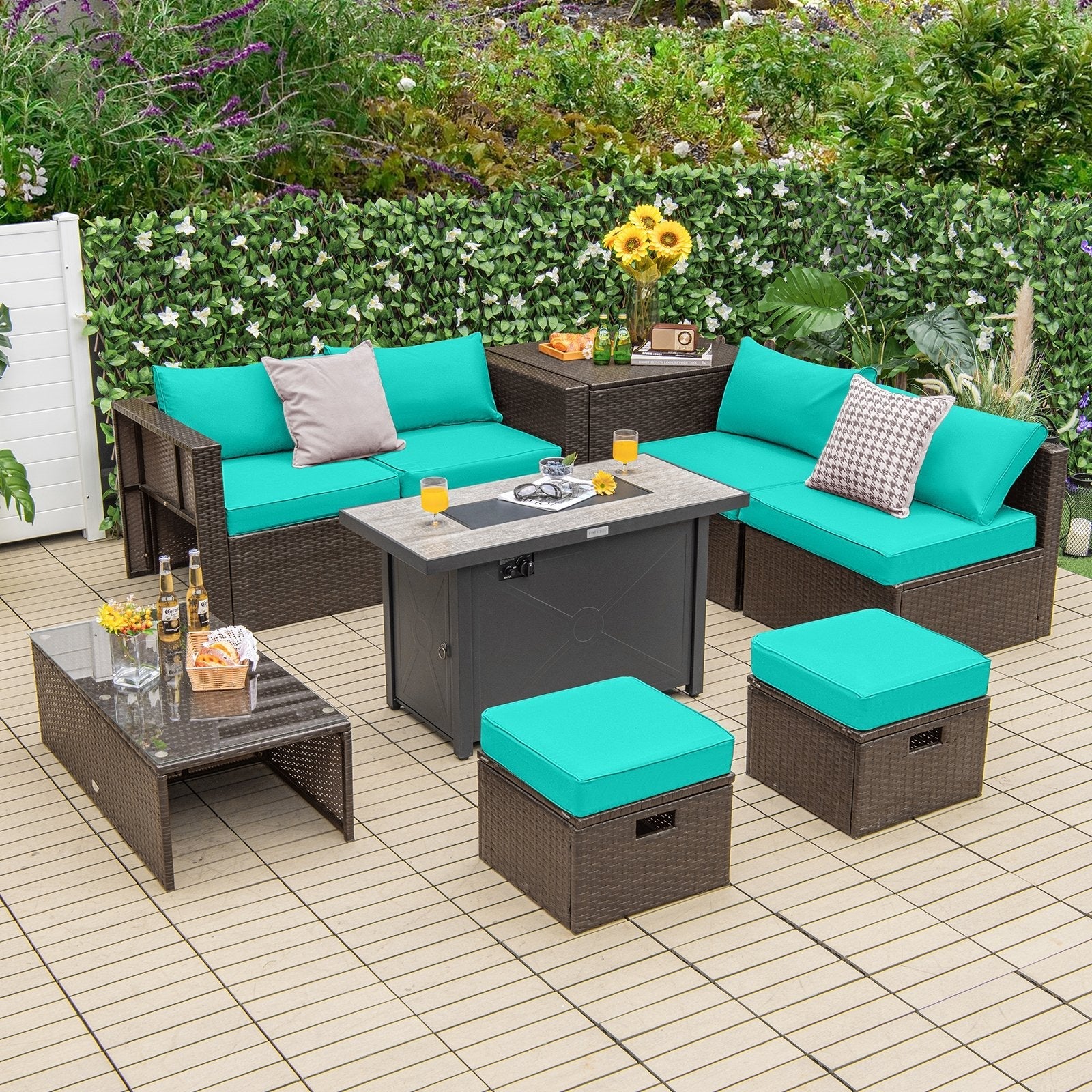 9 Pieces Outdoor Patio Furniture Set with 42 Inch Propane Fire Pit Table-Black