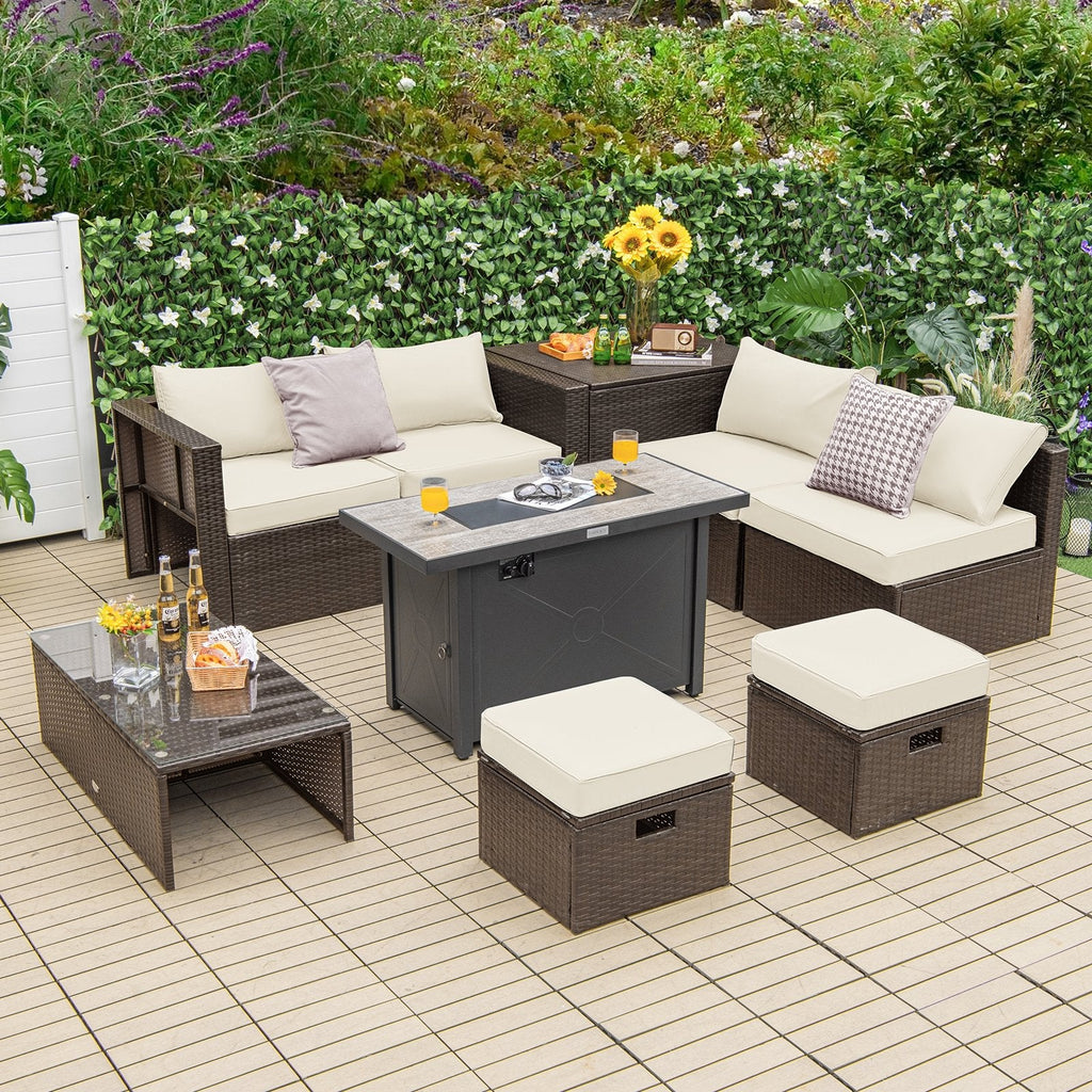 9 Pieces Outdoor Patio Furniture Set with 42 Inch Propane Fire Pit Table-Black