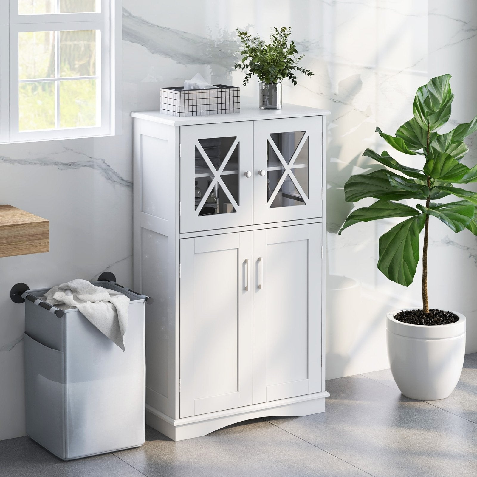 4 Doors Freeestanding Bathroom Floor Cabinet with Adjustable Shelves-Black
