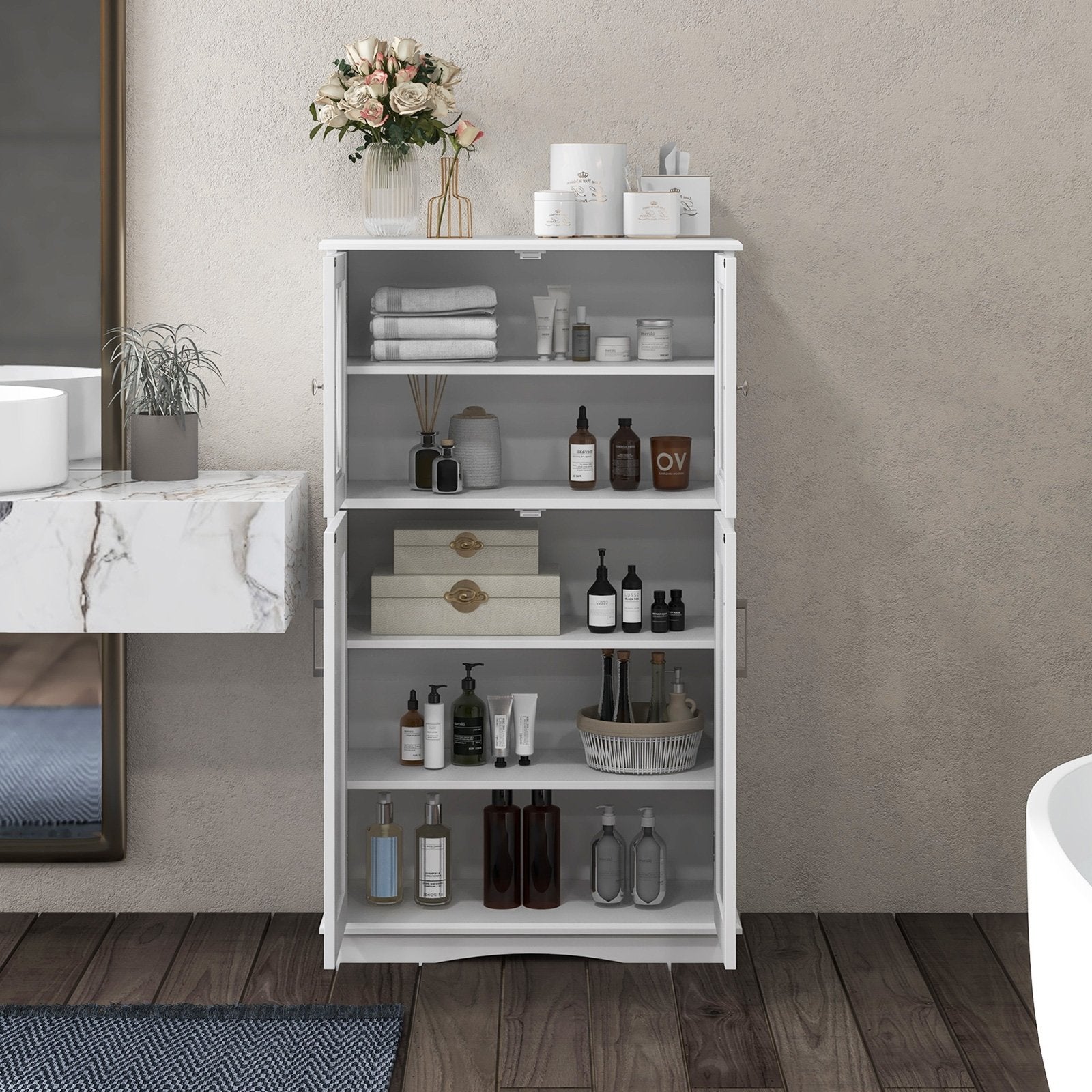 4 Doors Freeestanding Bathroom Floor Cabinet with Adjustable Shelves-Black