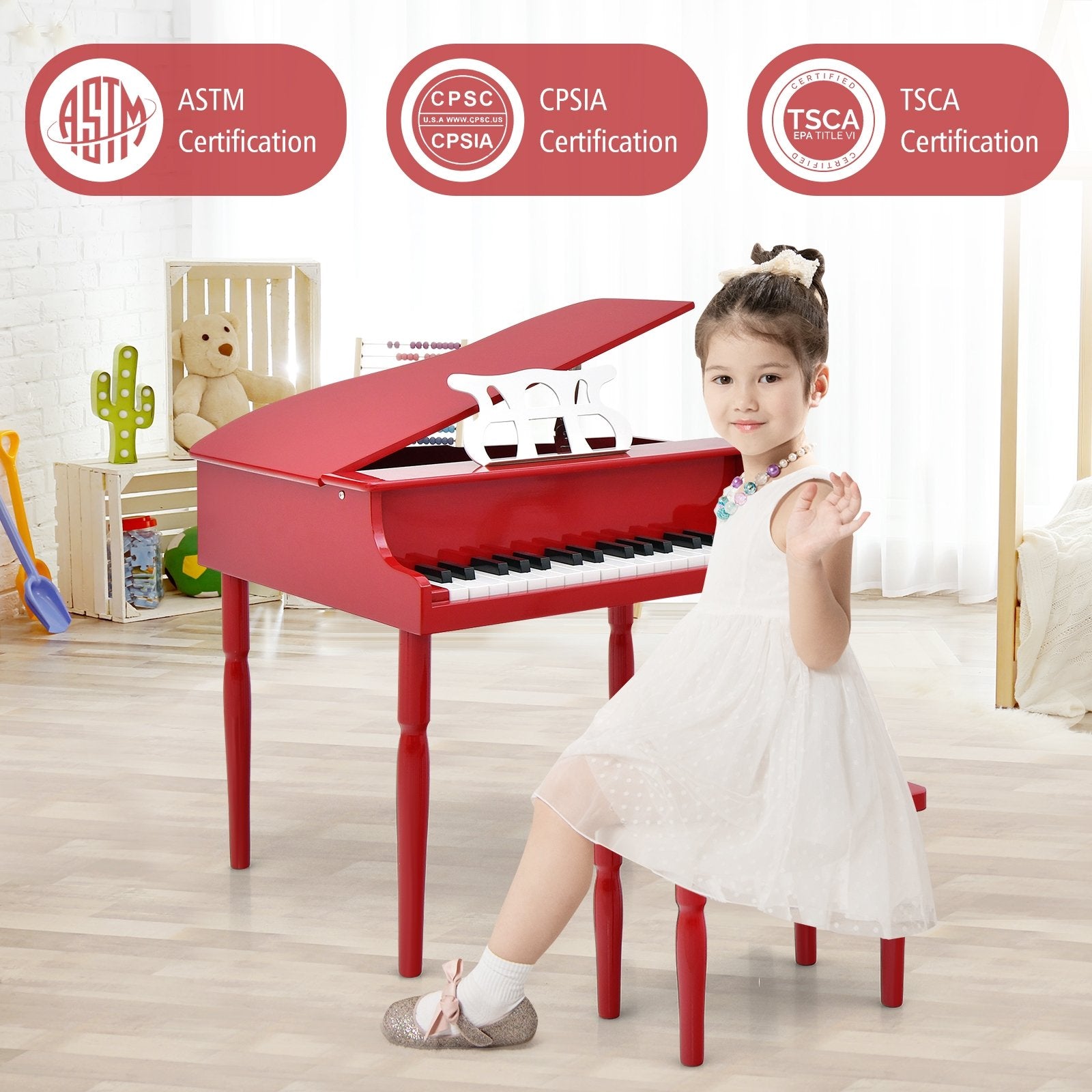 30-Key Wood Toy Kids Grand Piano with Bench and Music Rack-Black