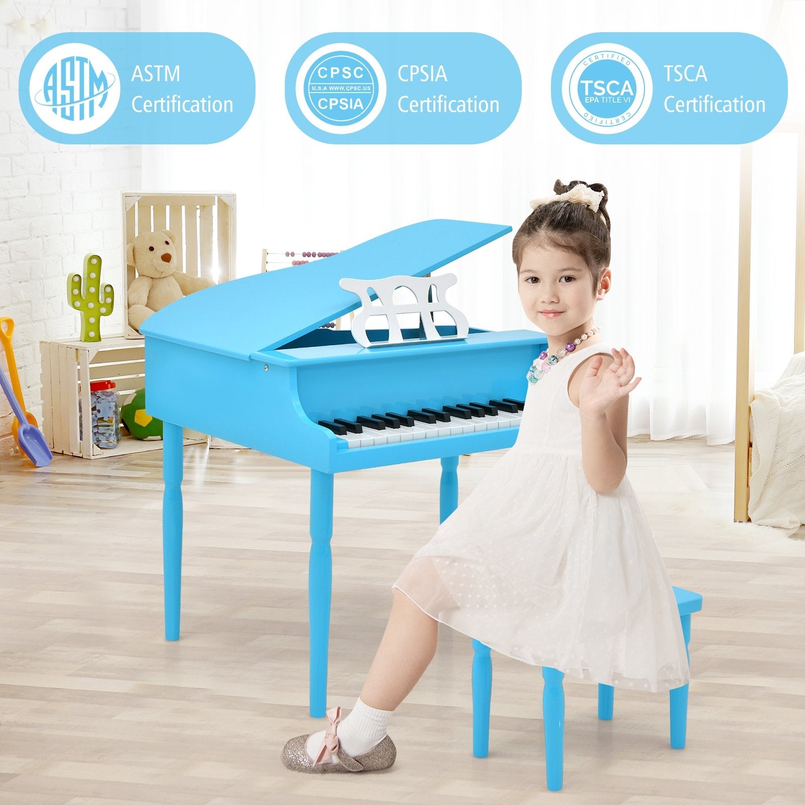 30-Key Wood Toy Kids Grand Piano with Bench and Music Rack-Black