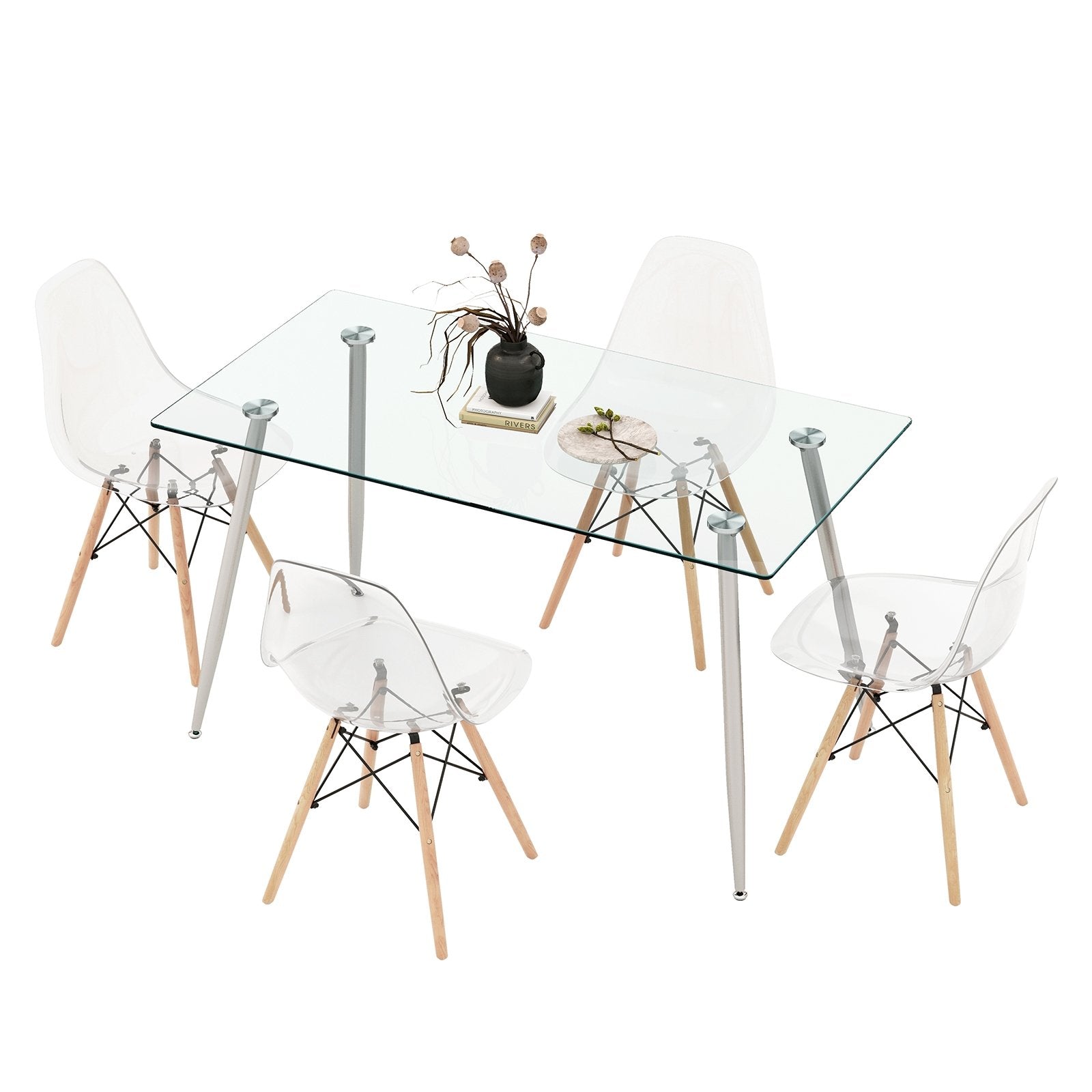 5 Pieces Rectangle Dining Table Set with 51 Inch Glass Tabletop-Gray