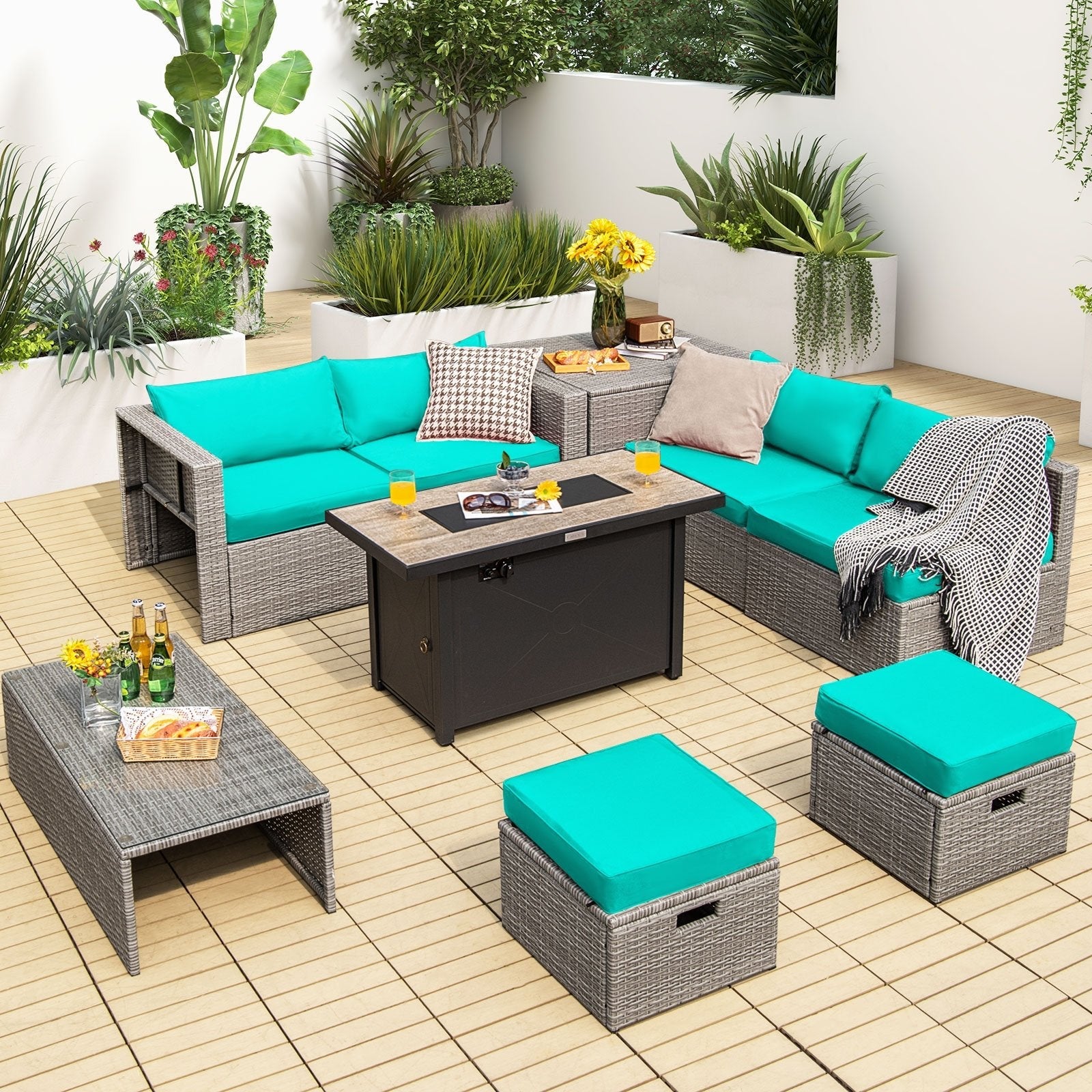 9 Pieces Patio Furniture Set with 42 Inches 60000 BTU Fire Pit-Black
