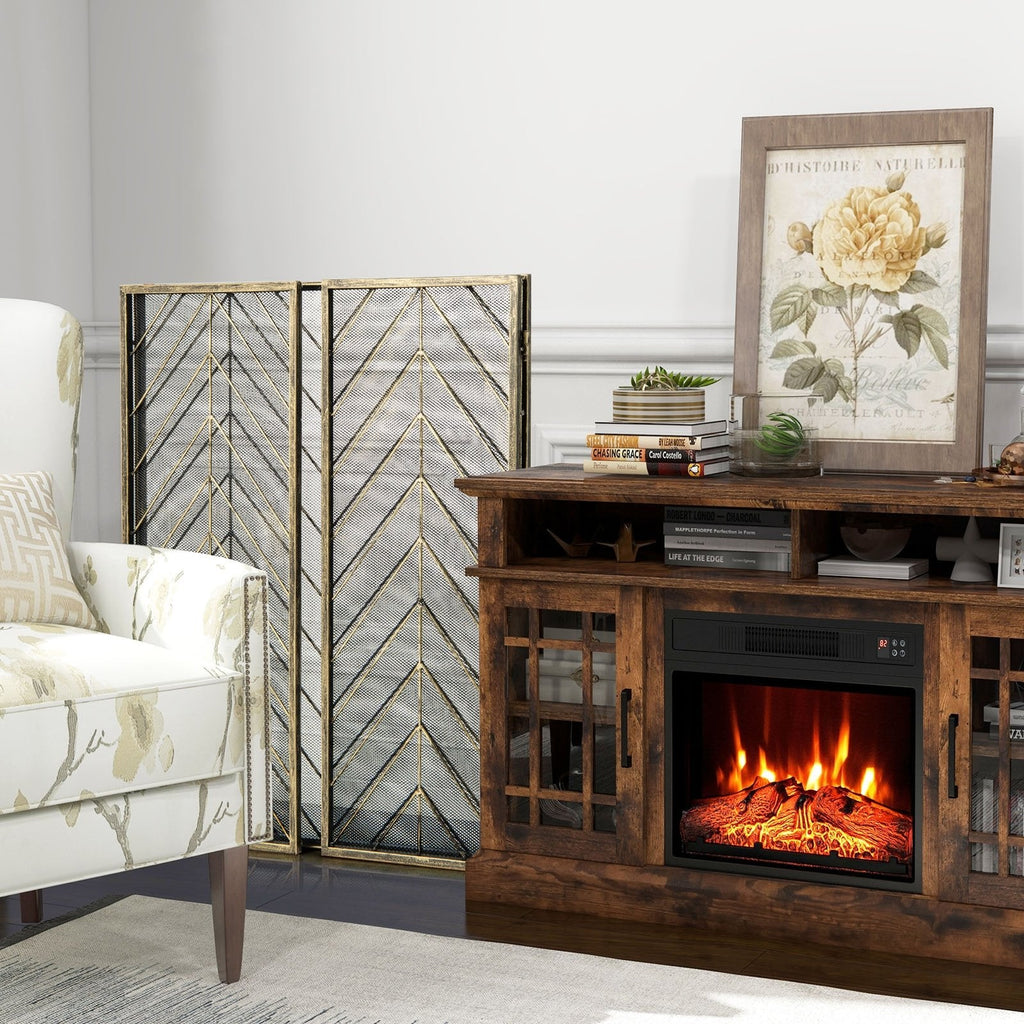 3-Panel Metal Foldable Fireplace Screen with Metal Mesh-Black
