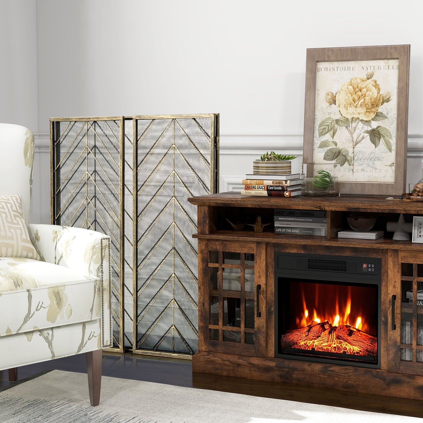 3-Panel Metal Foldable Fireplace Screen with Metal Mesh-Black