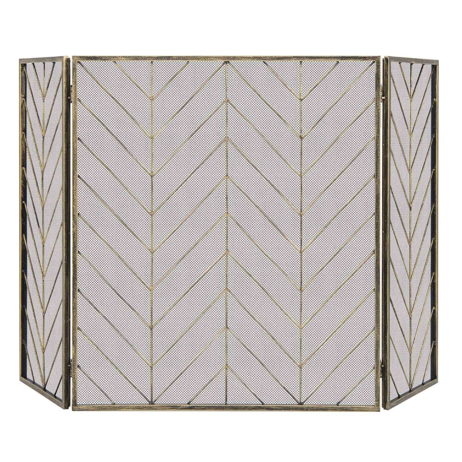 3-Panel Metal Foldable Fireplace Screen with Metal Mesh-Black