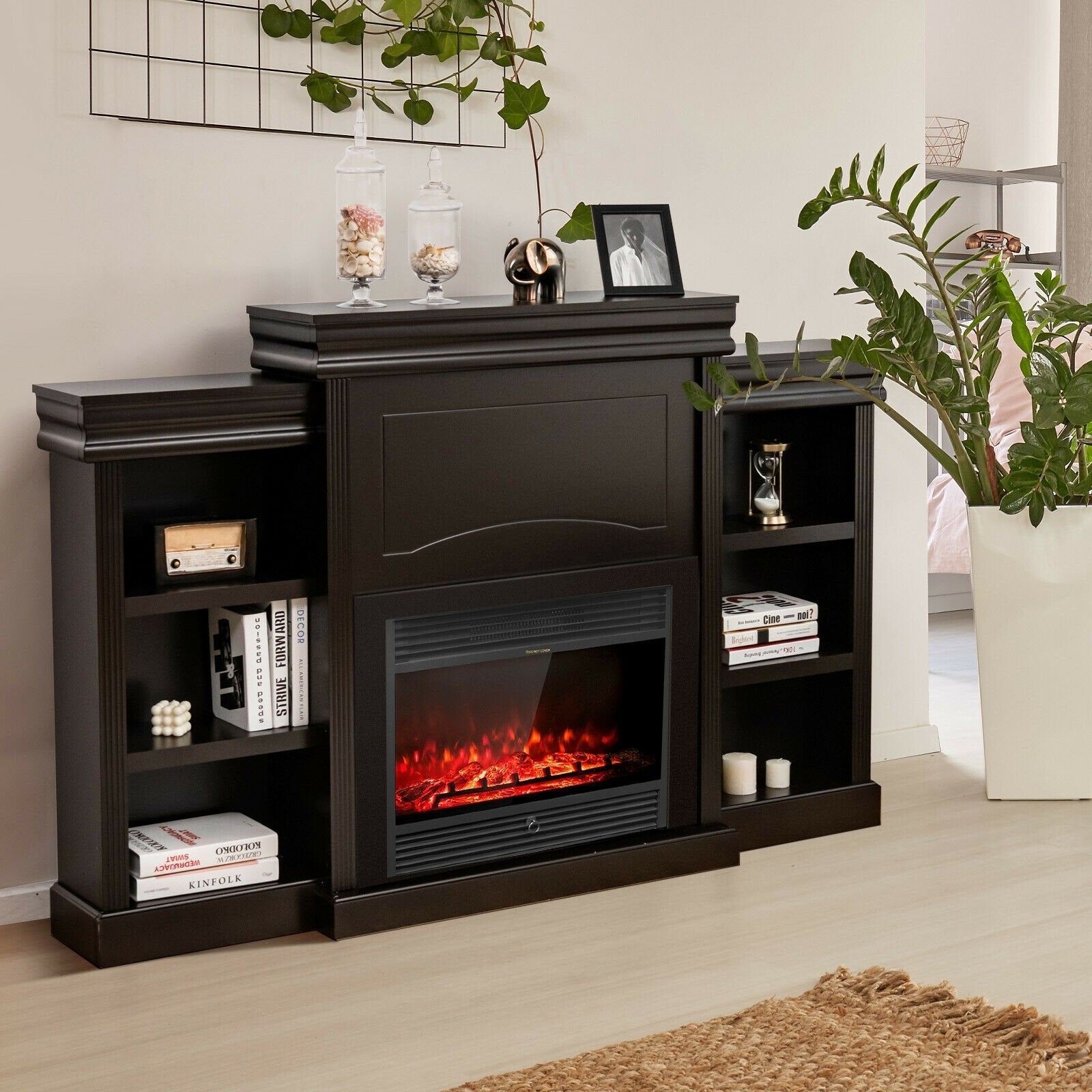 70 Inch Modern Fireplace Media Entertainment Center with Bookcase-Black